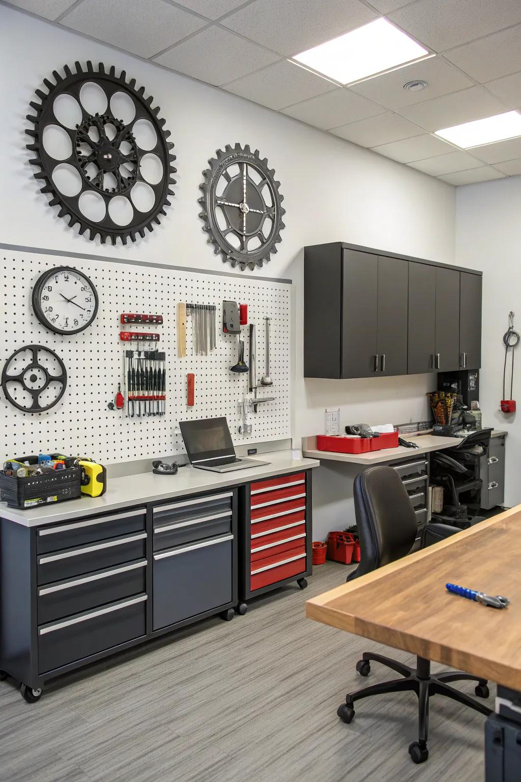 In an office, functional décor components such as gear clocks and pegboards are used.