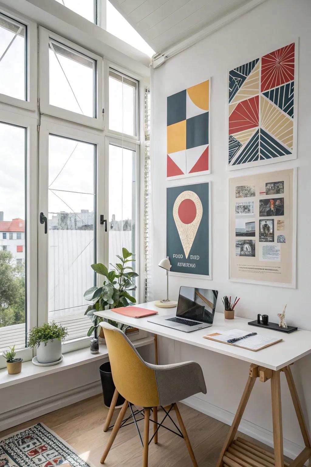 Geometric posters provide a contemporary and structured décor element.