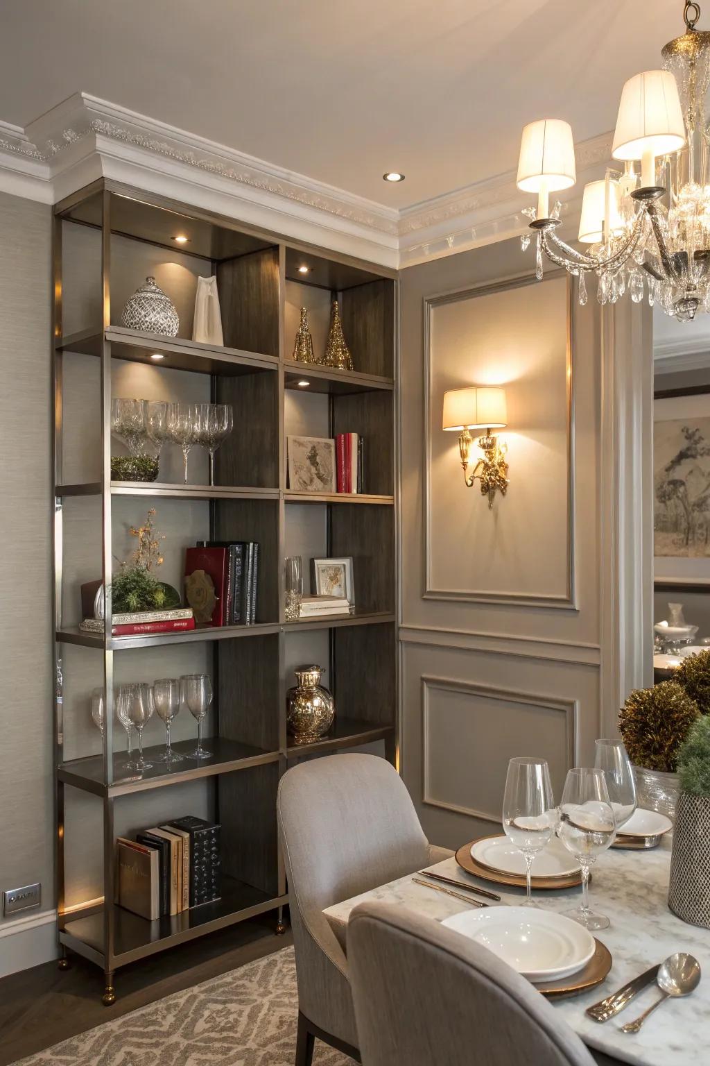 Shiny shelves add a glamorous touch to your dining area.