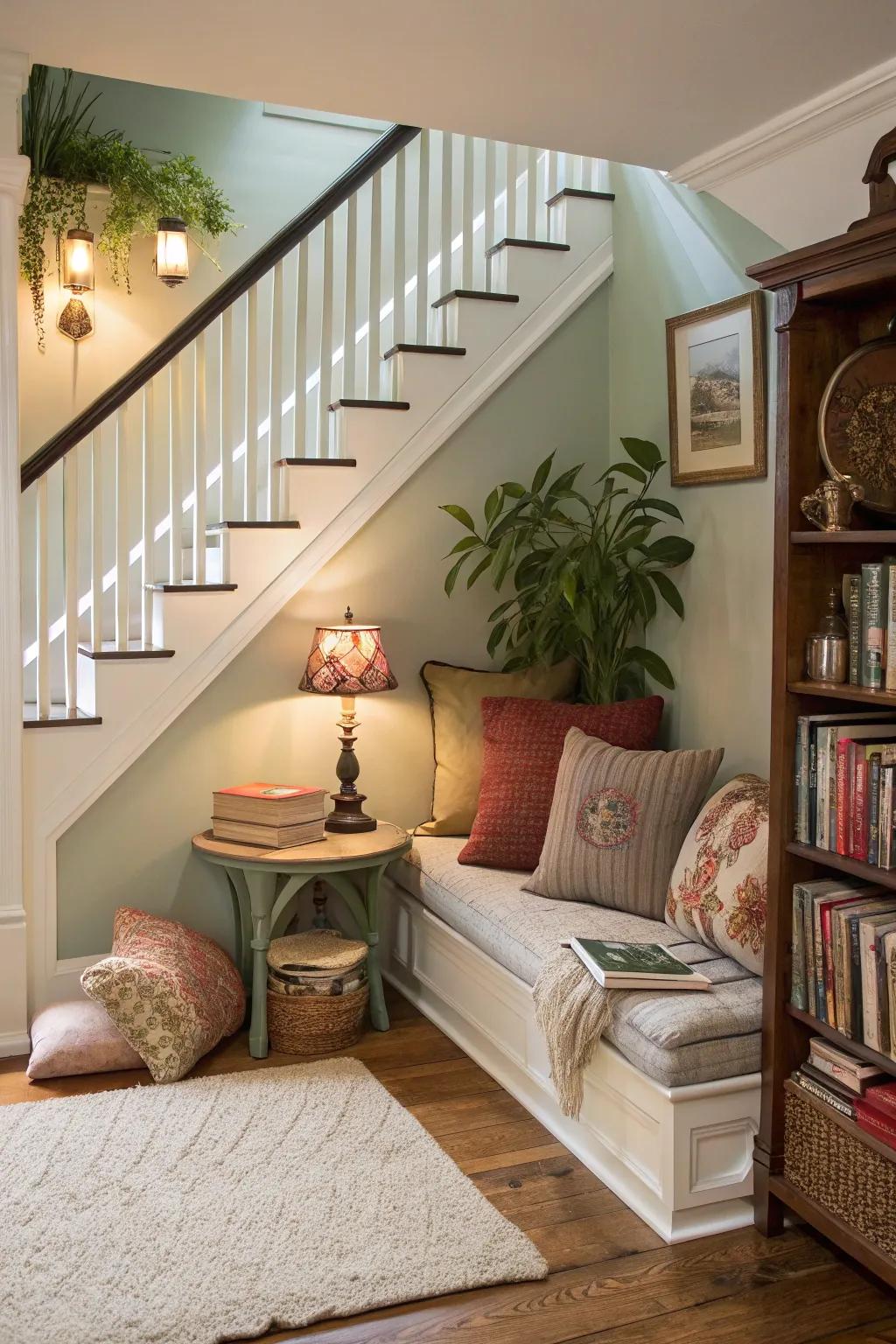 A cozy nook underneath the stairway gives you a private spot.