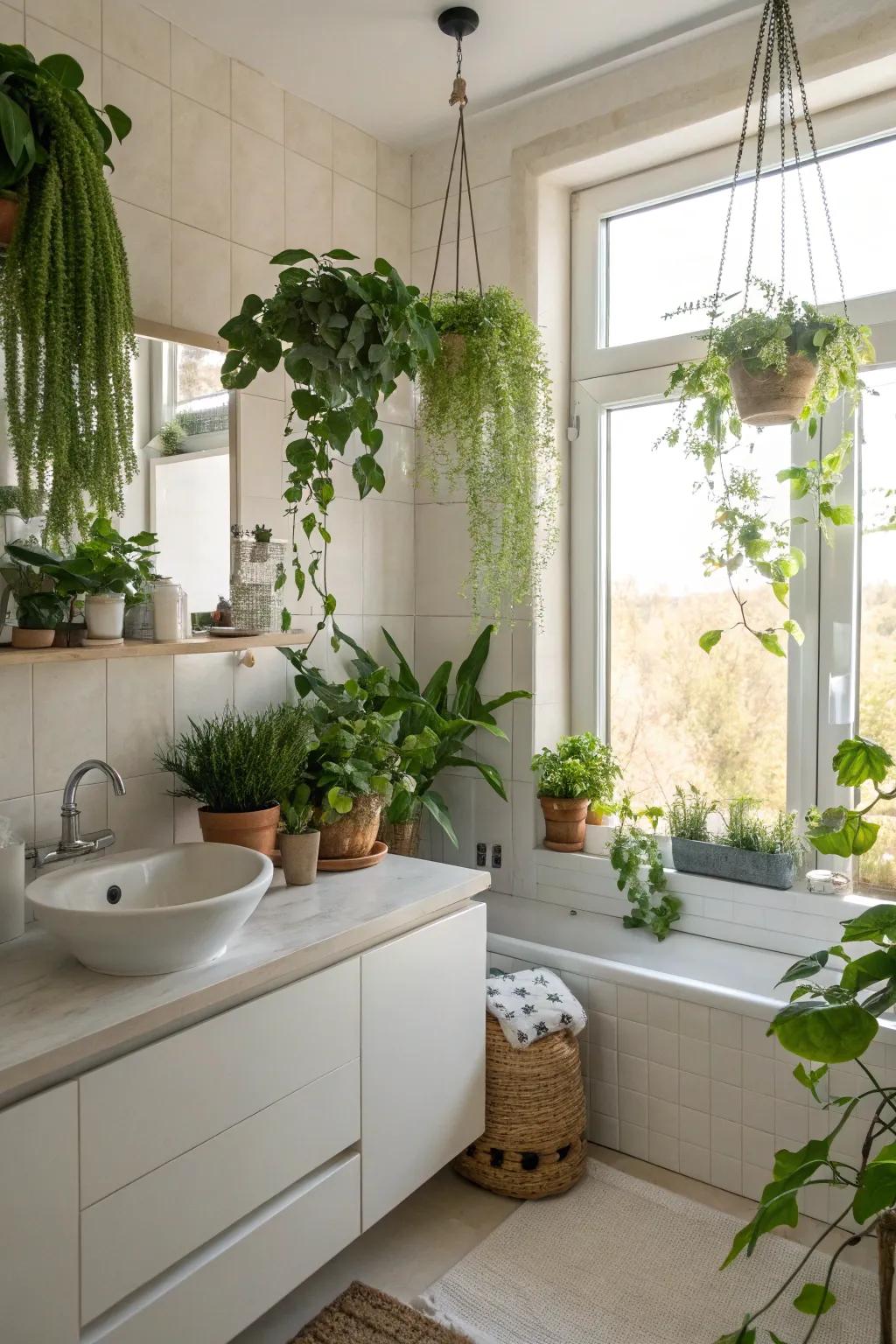 Greenery incorporating a revitalizing element to a cottage bathroom