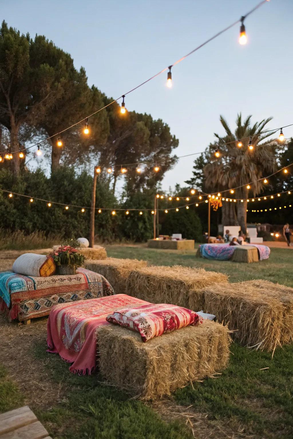 Straw bales provide countryside and practical seating for outdoor events.