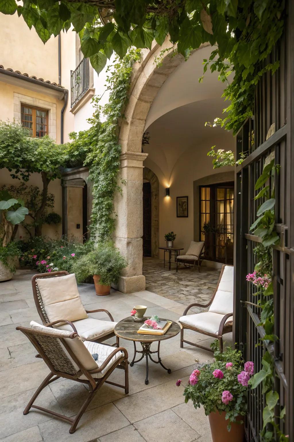 Exterior furniture transforms your entrance into a cozy residential area.
