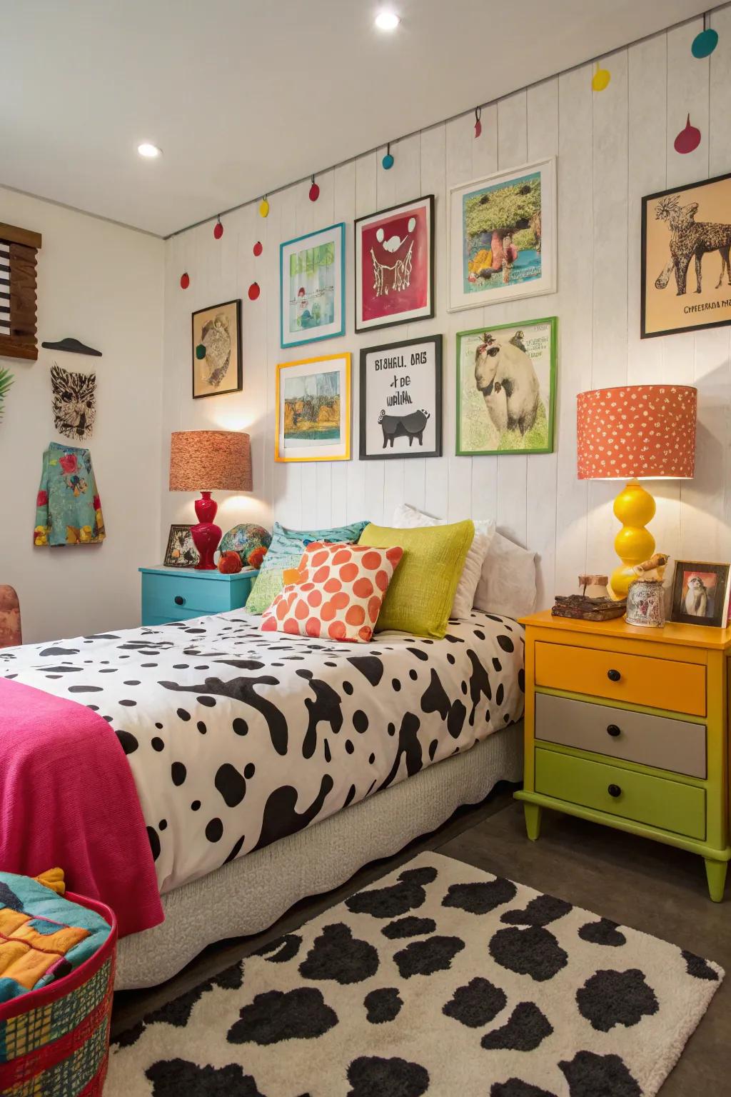 Vibrant hues and bovine patterns create a playful and eclectic room.