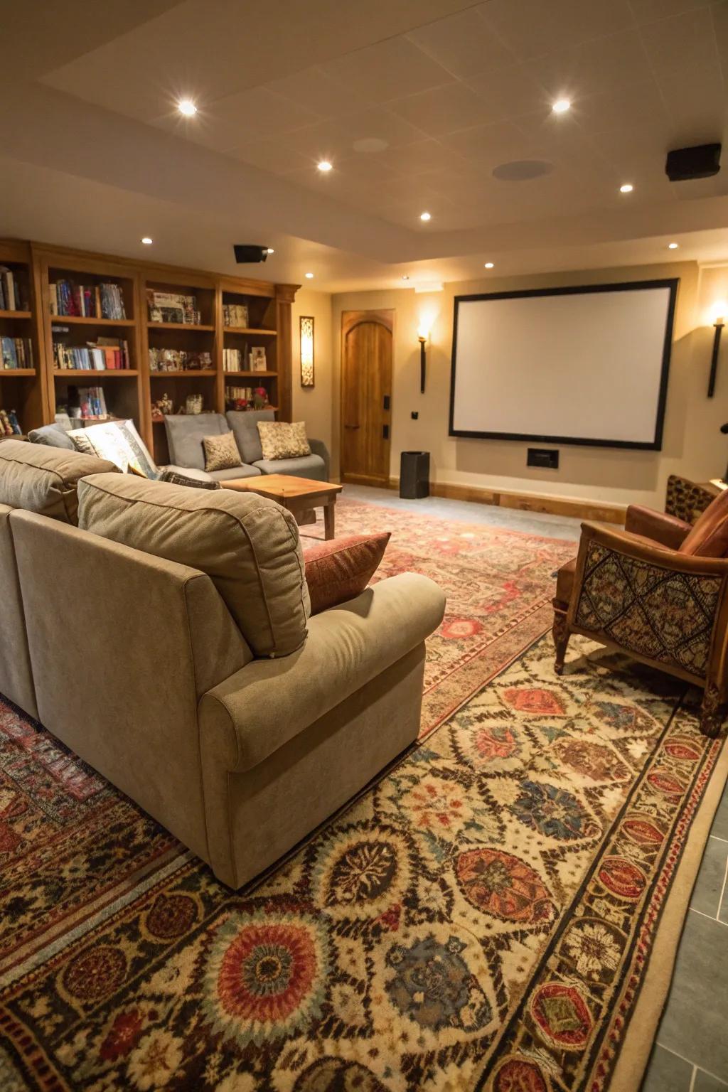 A plush rug adds warmth and style to the cinema room.
