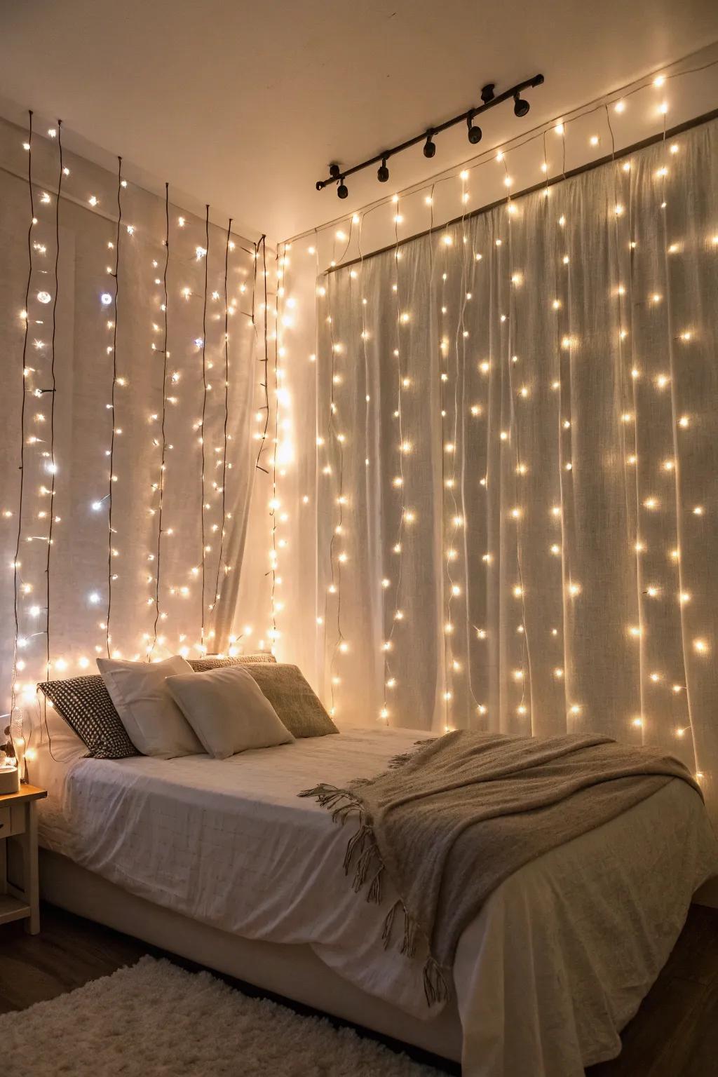 A wall covered with a curtain of sparkle lights.
