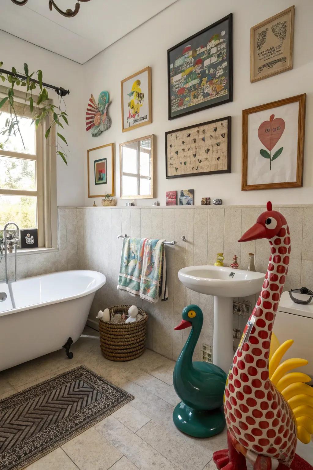 A bathroom showcasing whimsical art installations that ignite joy.