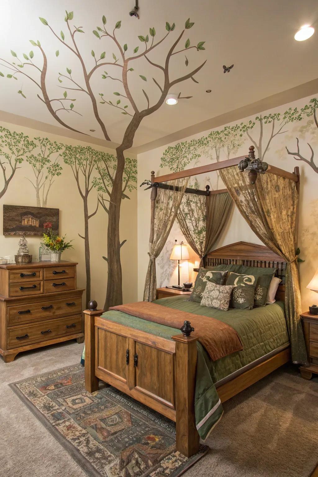 A forest-inspired bedroom showcasing tree themes and earthy shades.