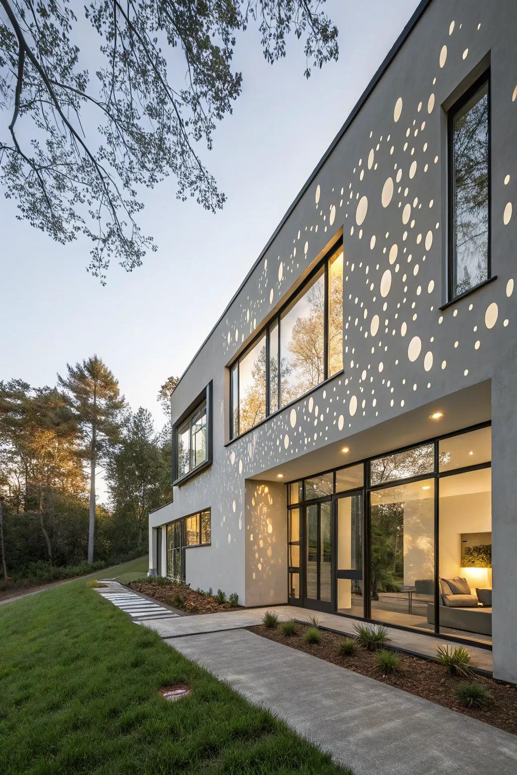 A residence utilizing whimsical window placement for inventive light effects.