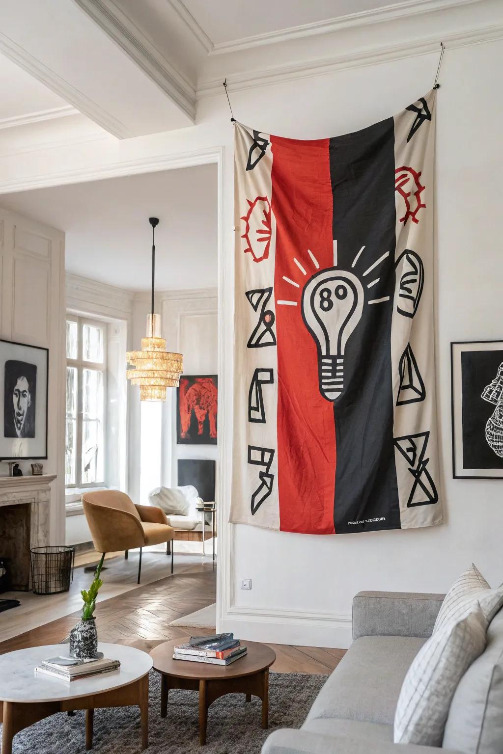 A conceptual imagery pennant invites interaction and thought.