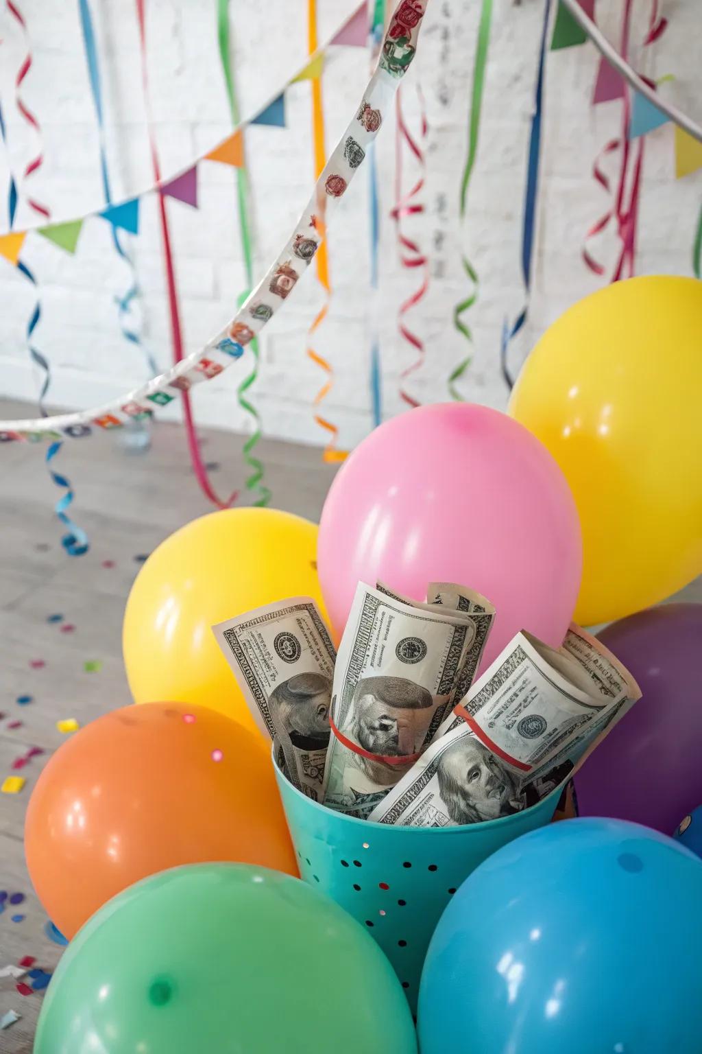 Explode distend spheres for a festive currency astonishment.