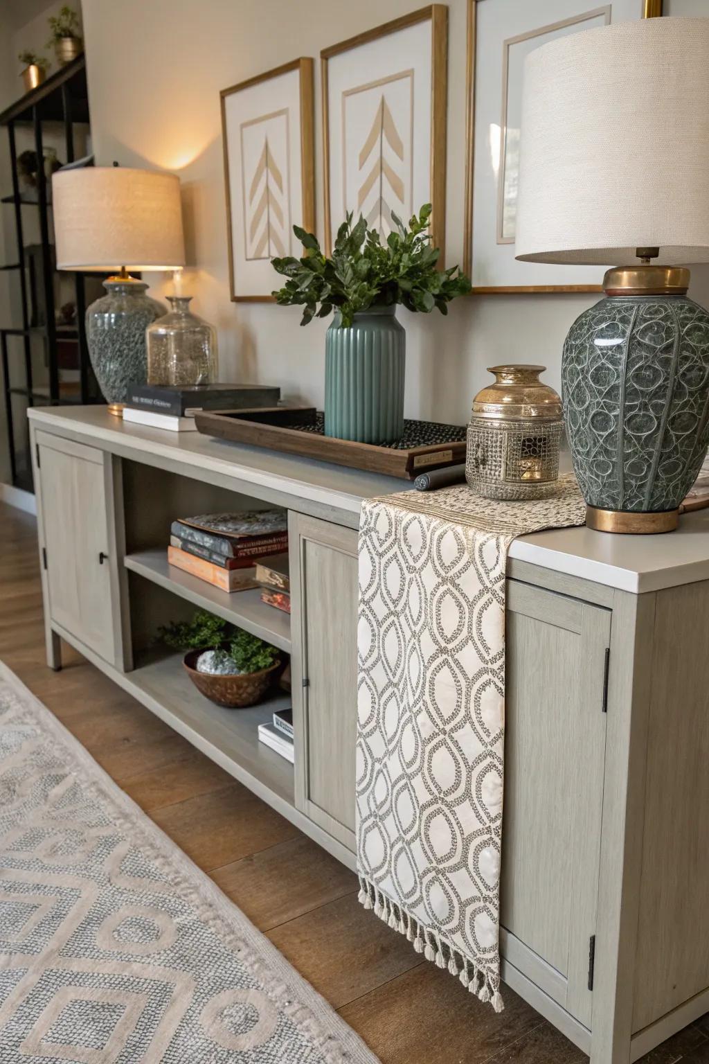 A display cabinet softened with a decorative runner.