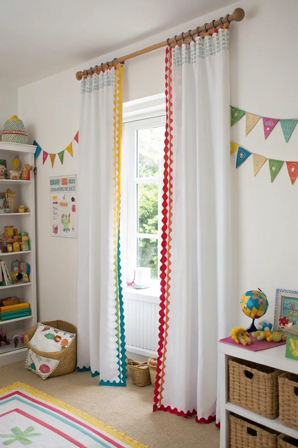 Fun drapes featuring lively wavy ribbon decorations.