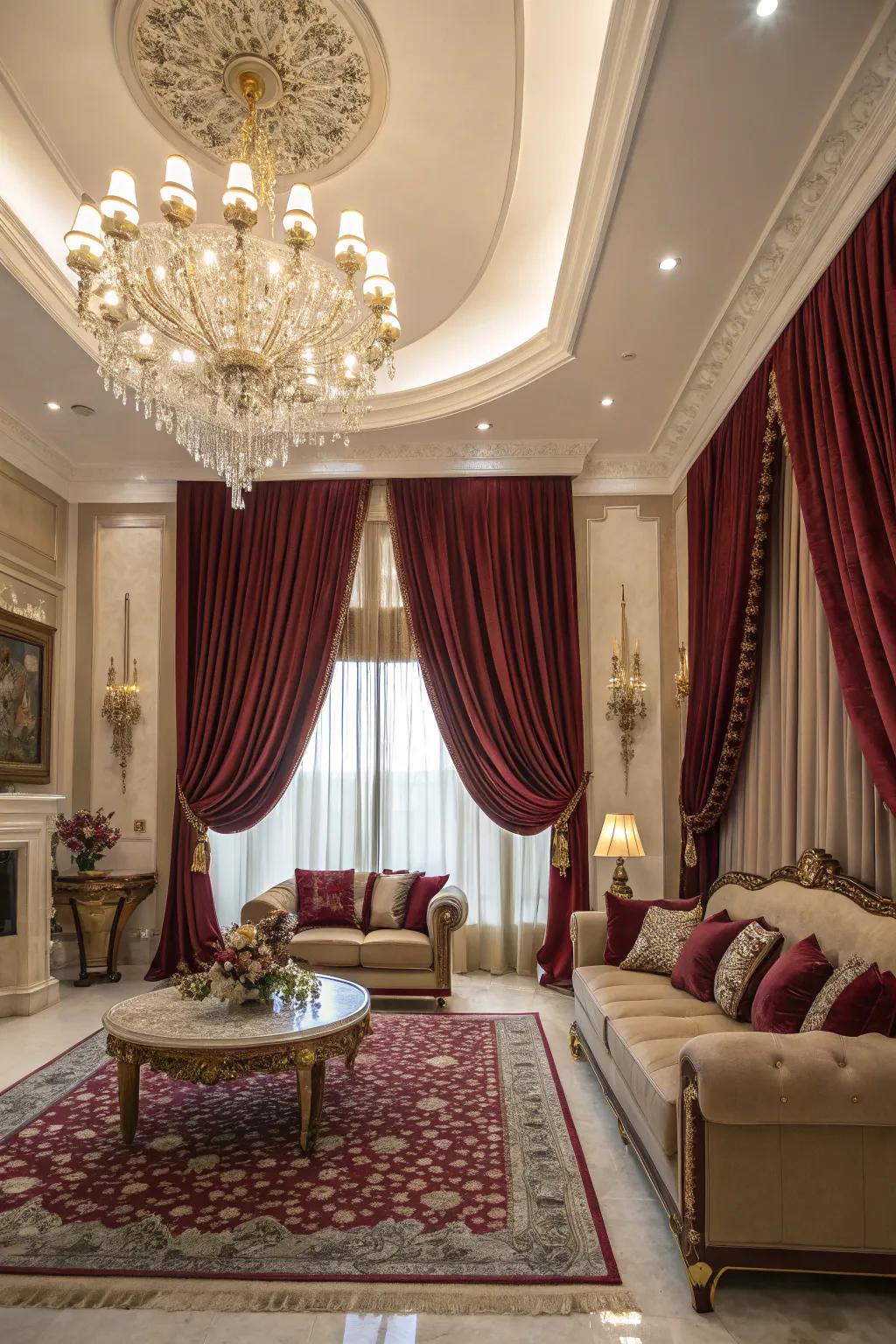 Opulent drapes infuse a sense of sophistication and grandeur.