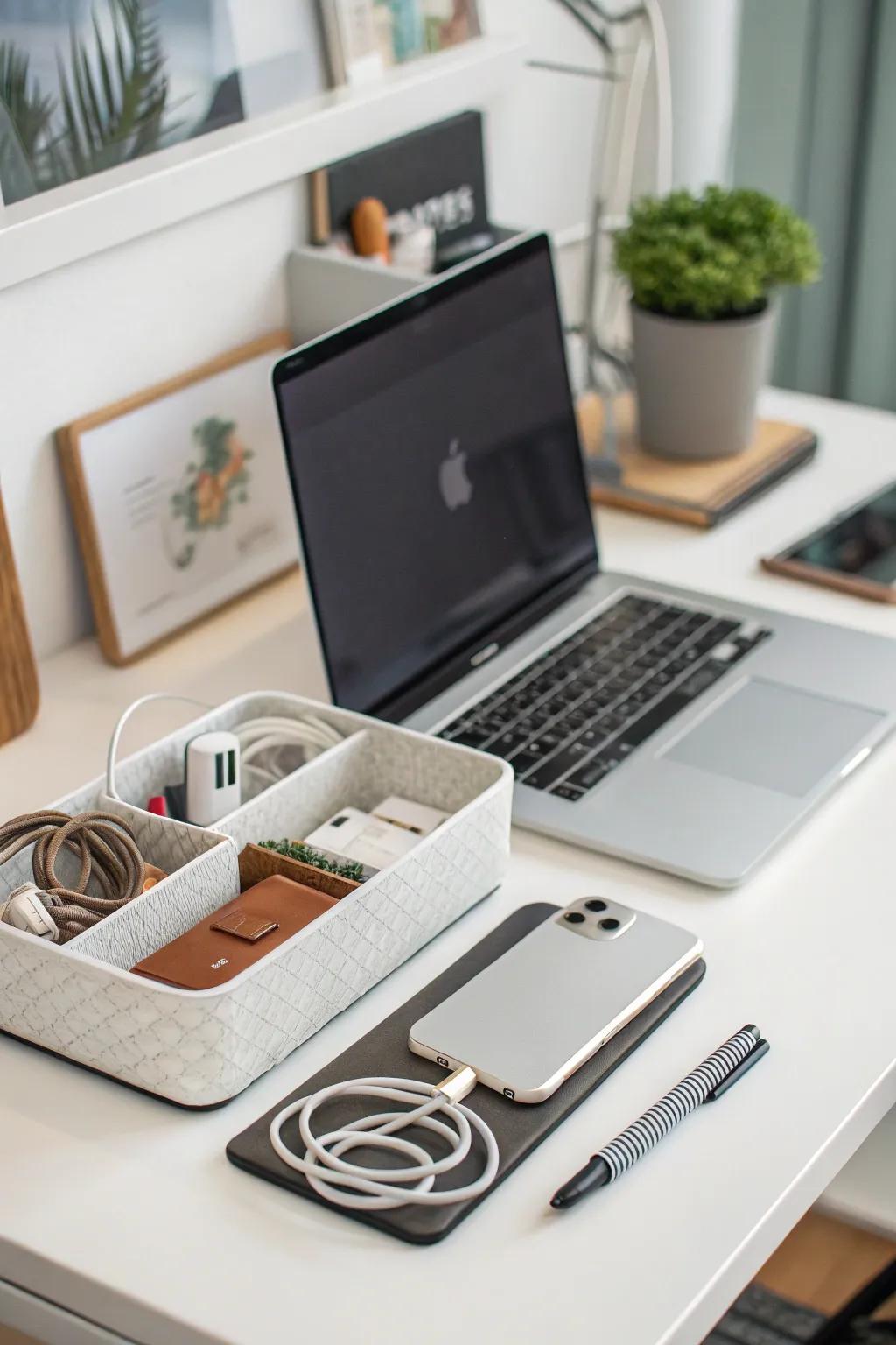 A desk featuring an organized tech setup and wire management.