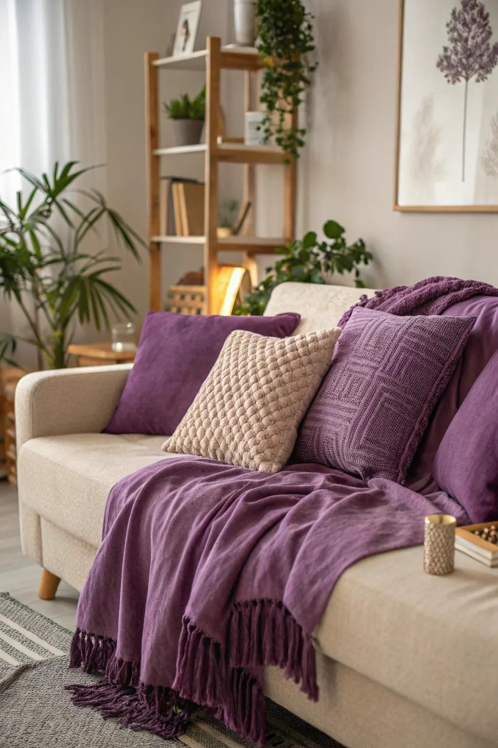 Violet toss cushions adding vibrant bursts of color.