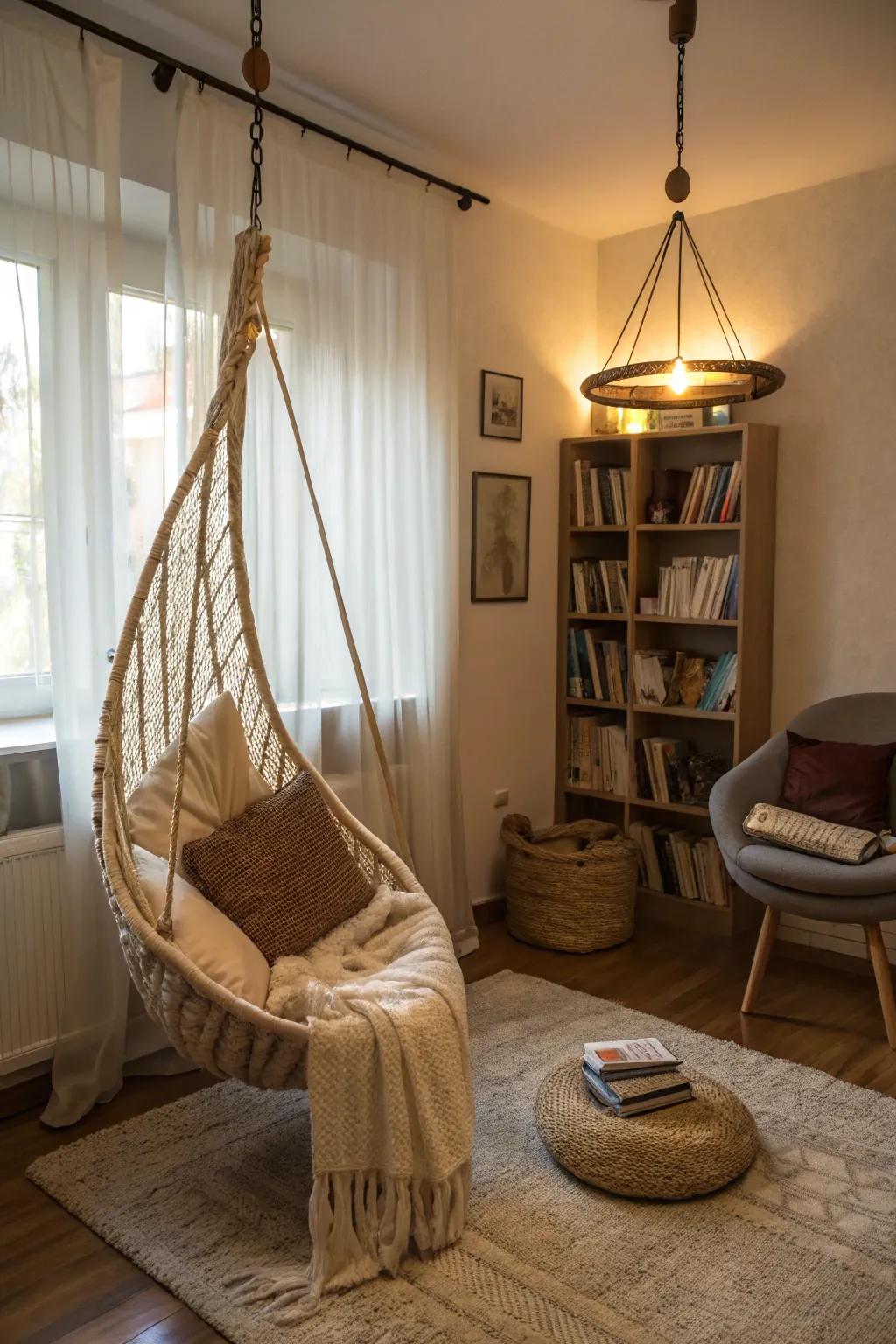 Suspended seating creates a playful and relaxed atmosphere.