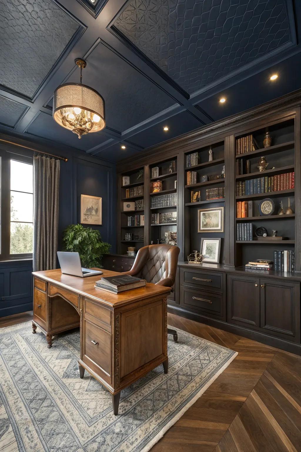 A sophisticated home office featuring a navy overhead.