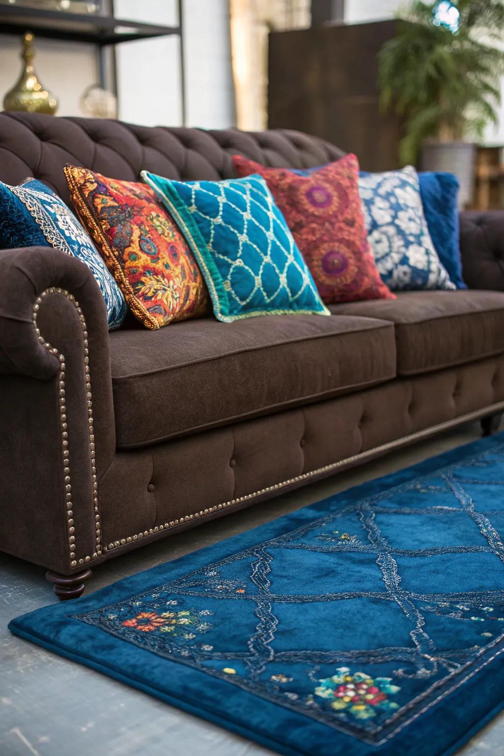Jewel tones create a striking contrast with a dark chocolate couch.