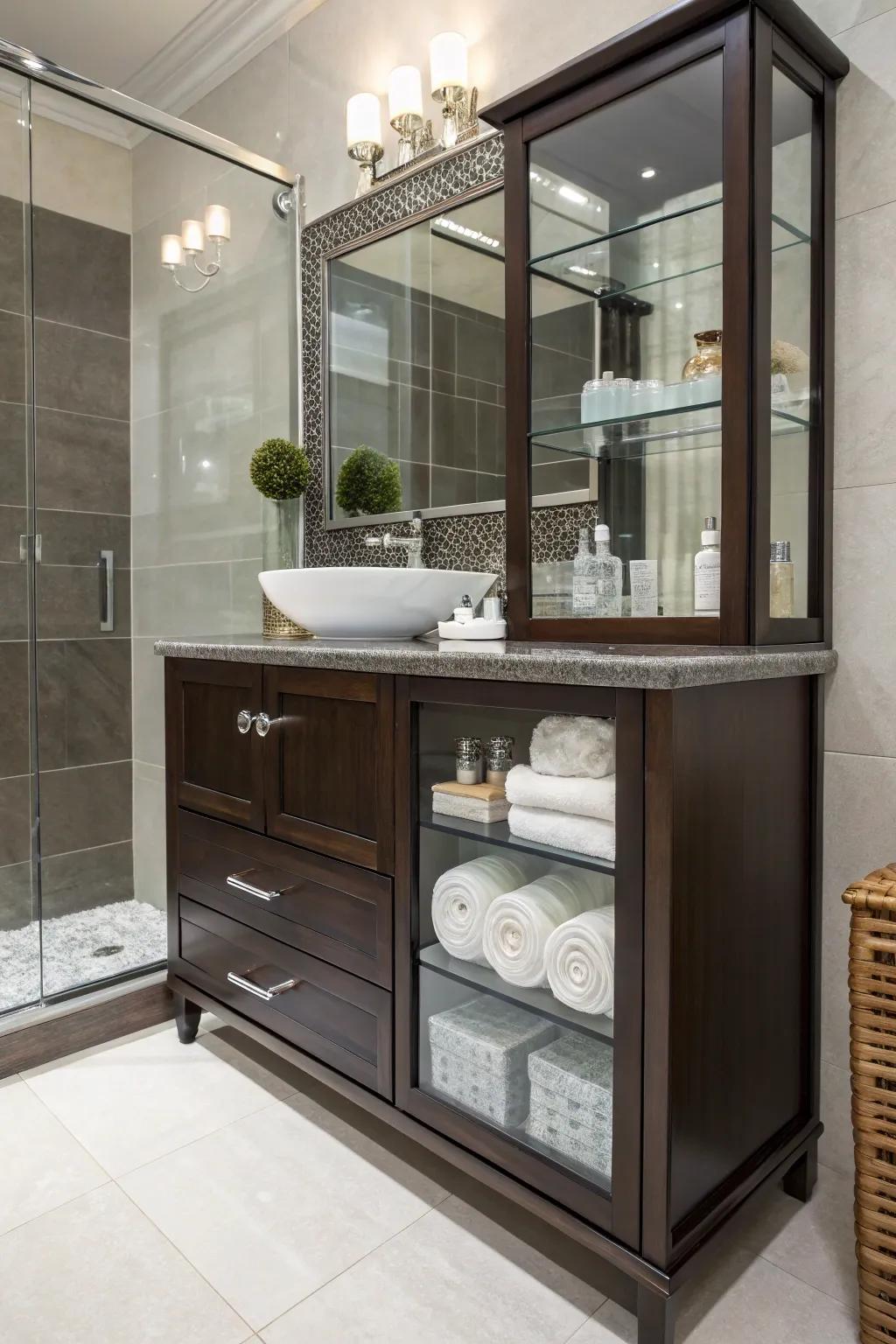 Glass features introduce a contemporary element to a deep cocoa dressing table arrangement.