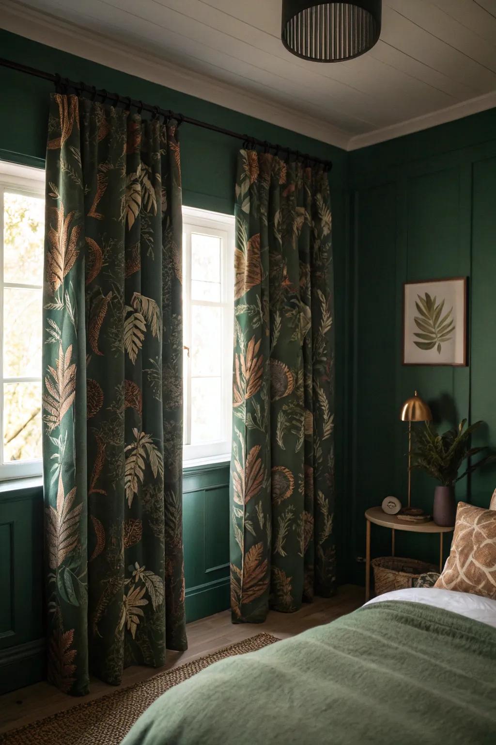A shaded-green bedroom via botanical imprint curtains attaching a hint of nature.
