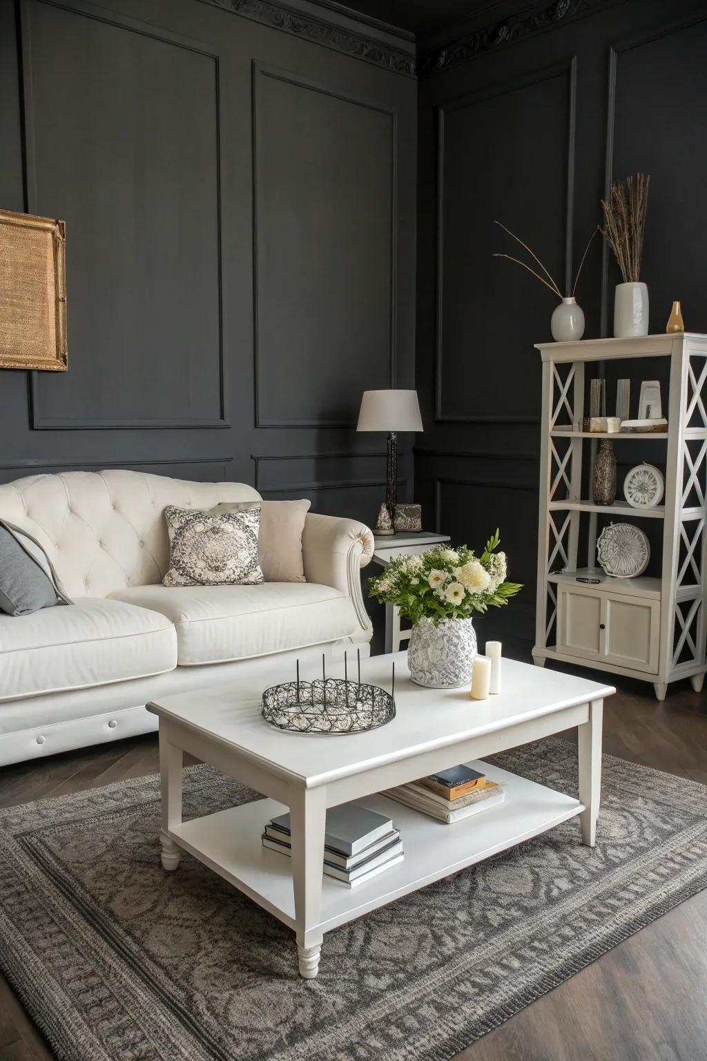 White accents creating a crisp contrast in a charcoal room.