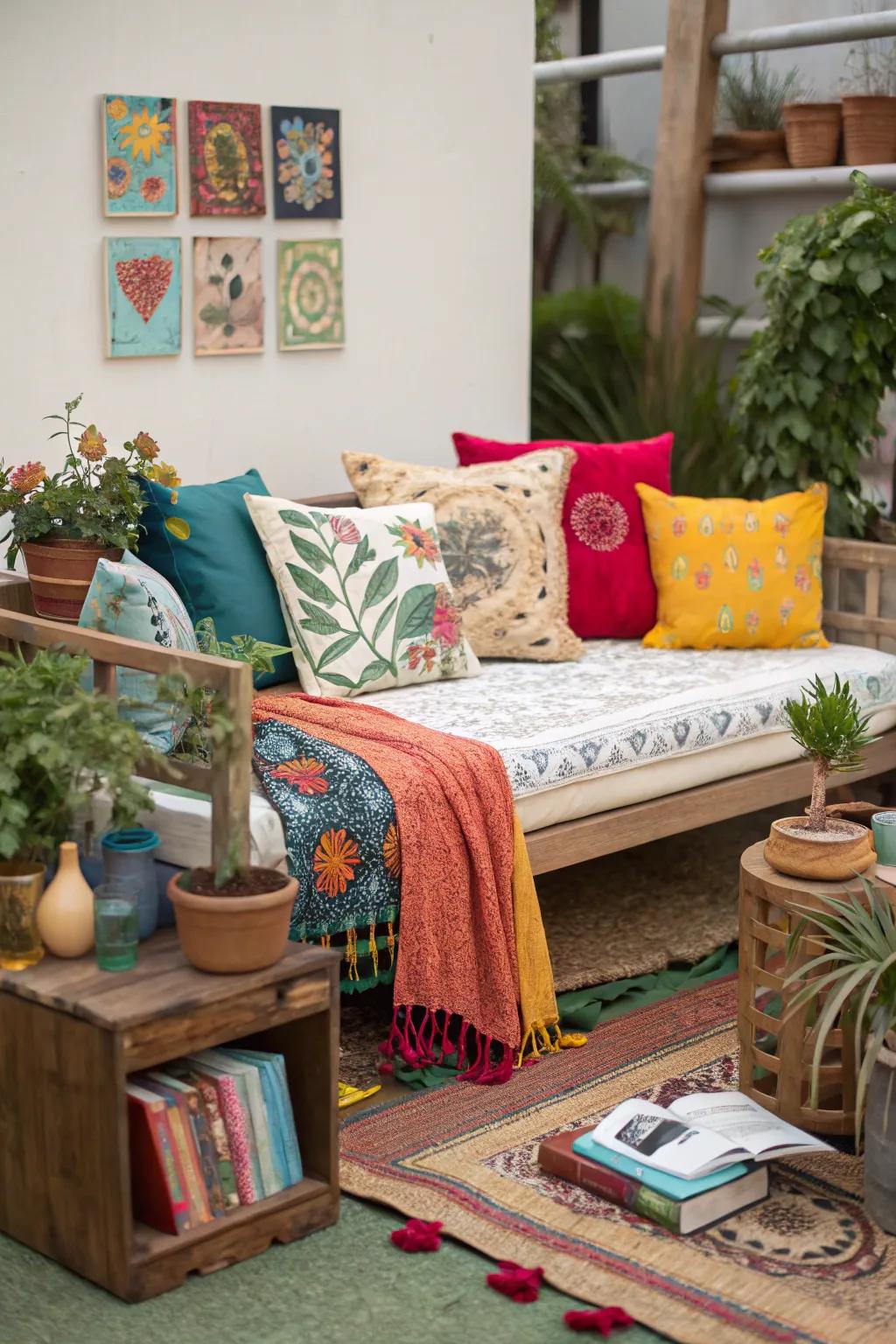 An assemblage of diverse ornamental features infuses a personalized essence into this daybed composition.