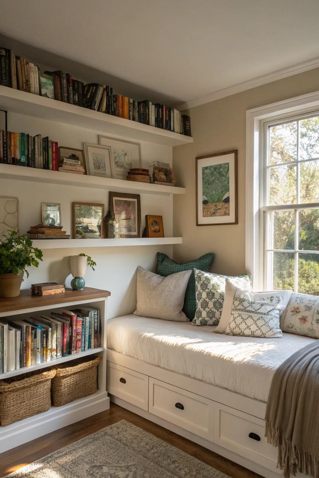 Floating shelves offer storage and display options without overcrowding the room.