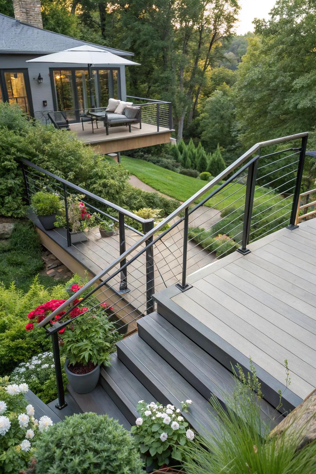Fashionable stairs and guardrails render your deck safer and more enticing.
