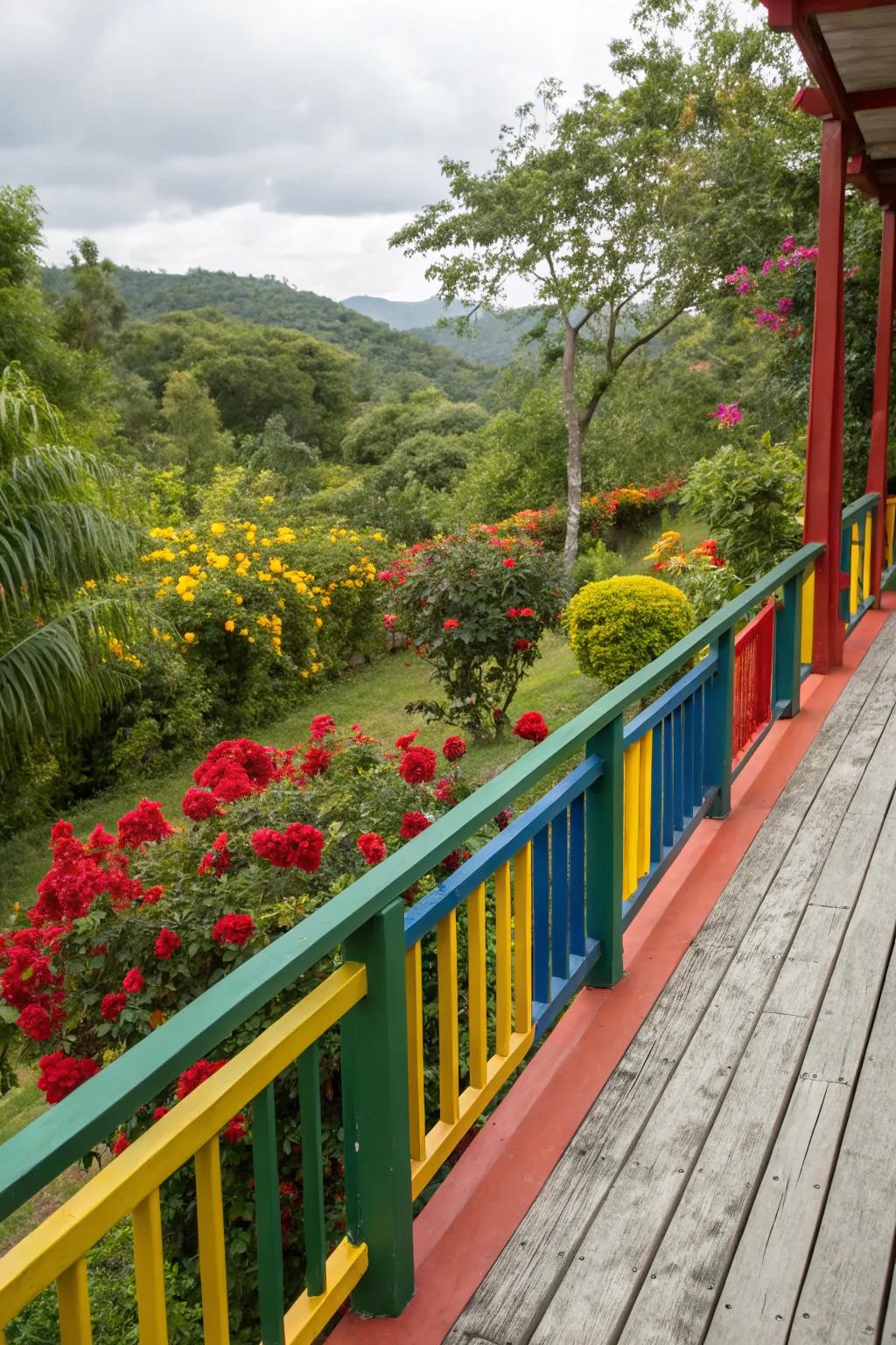 A lively deck featuring brightly colored balustrades, nestled within a vibrant garden.