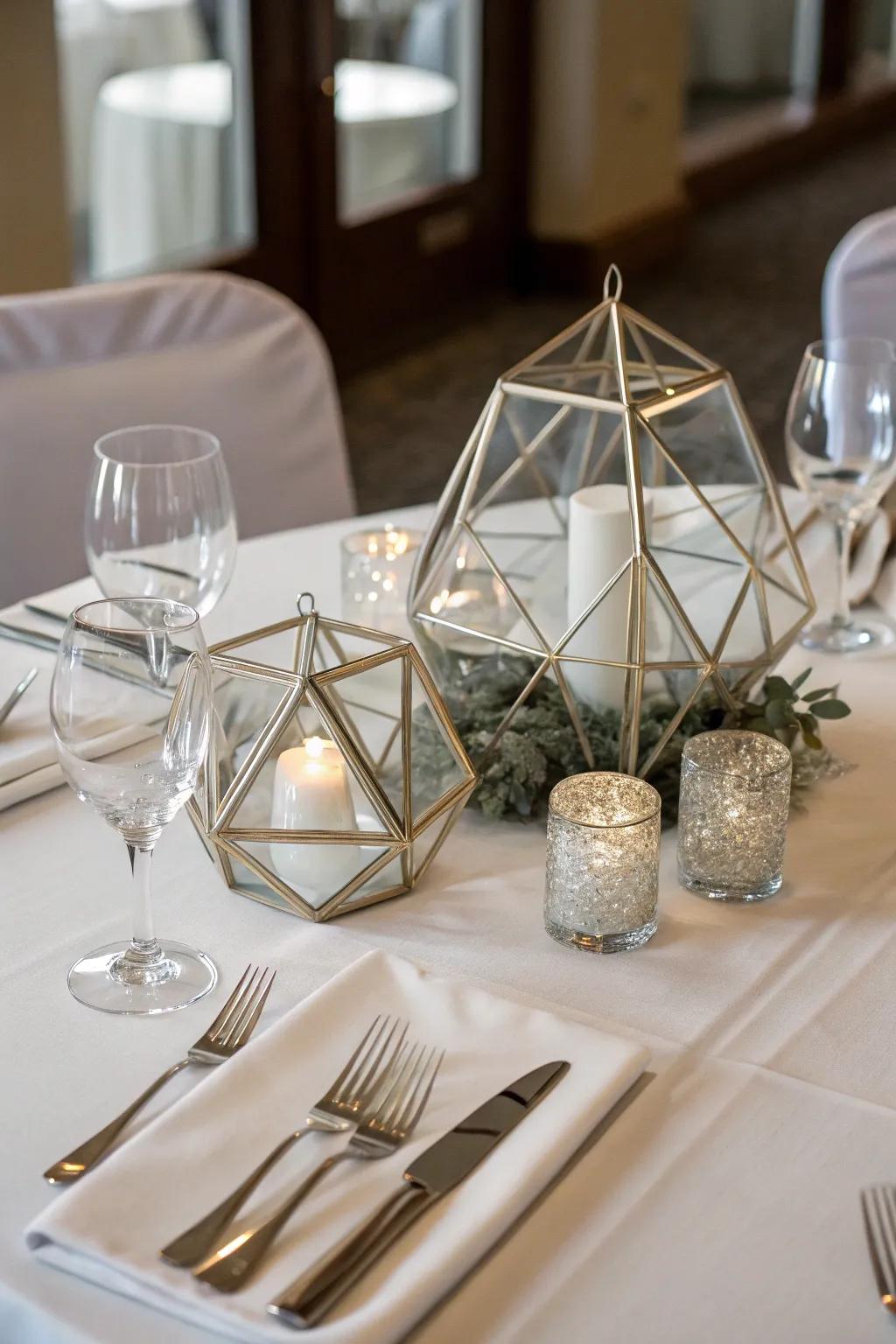 Modern geometric decorations at a wedding table.
