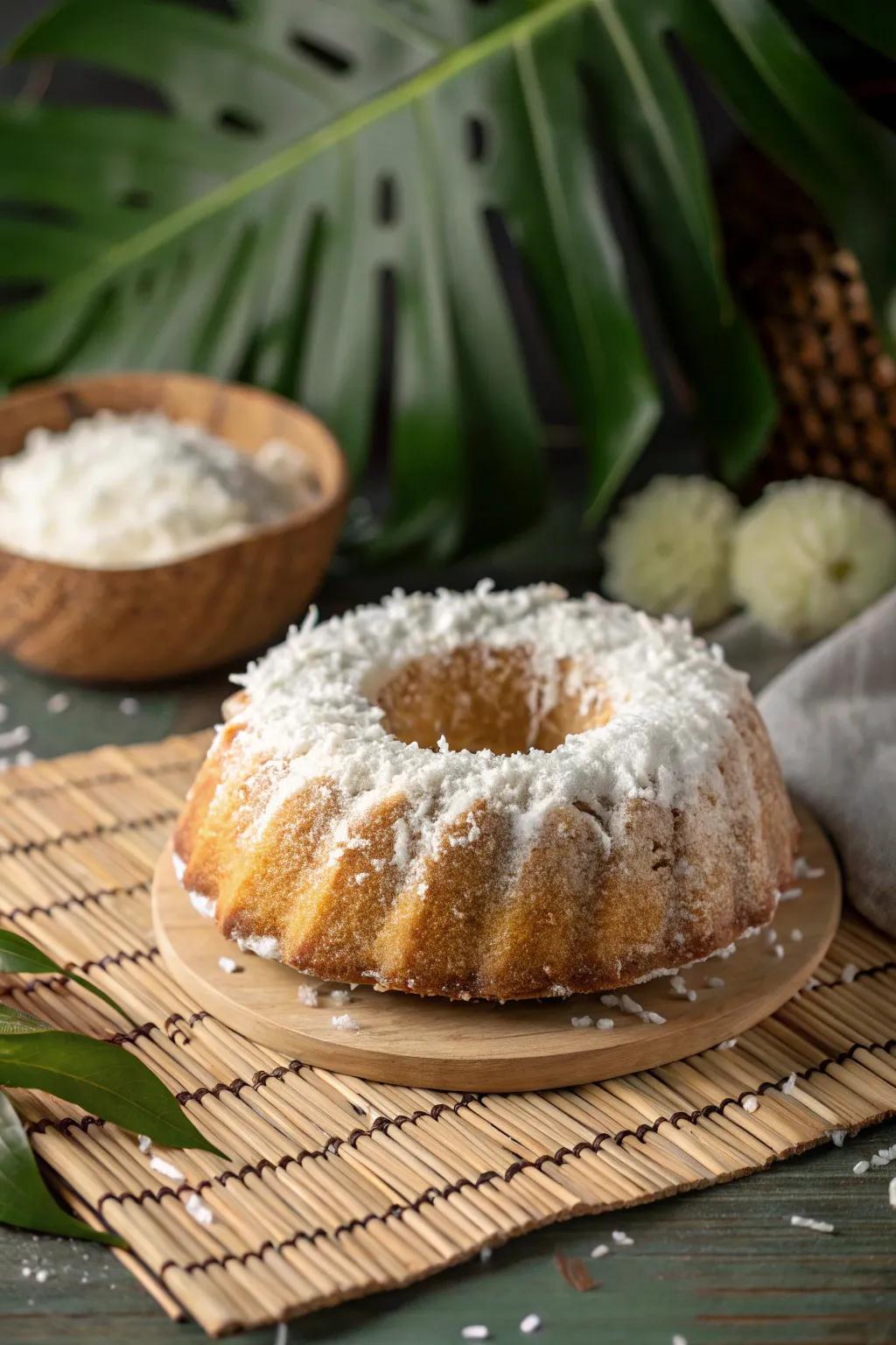 A ring cake featuring a tropical hint of shredded coconut.