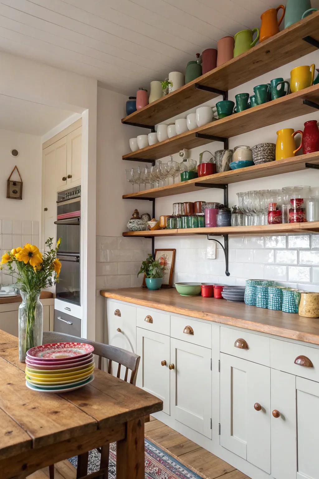 Exposed shelving showcases items while sustaining airy spaces.