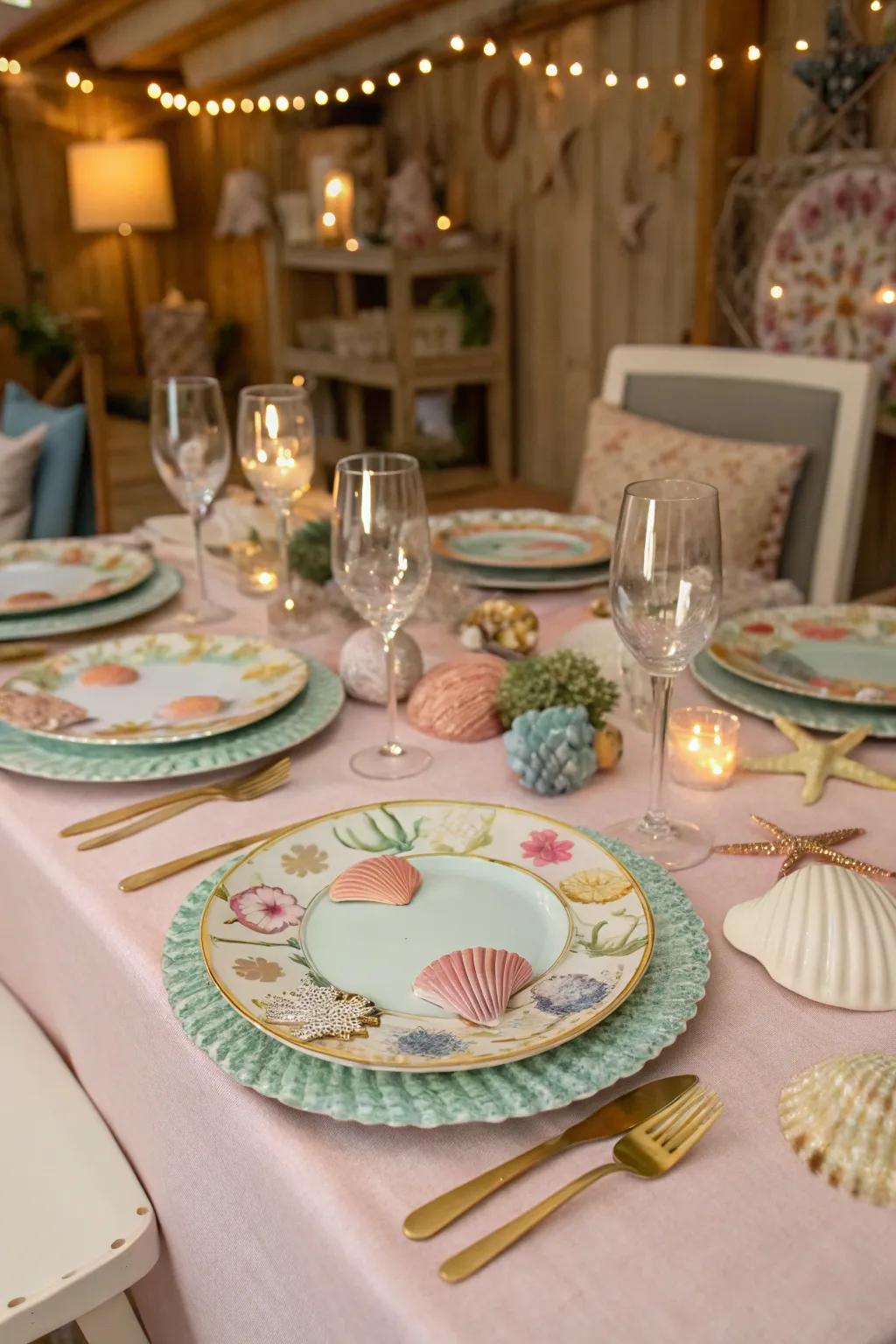 Seaside-themed charger plates for a whimsical effect.