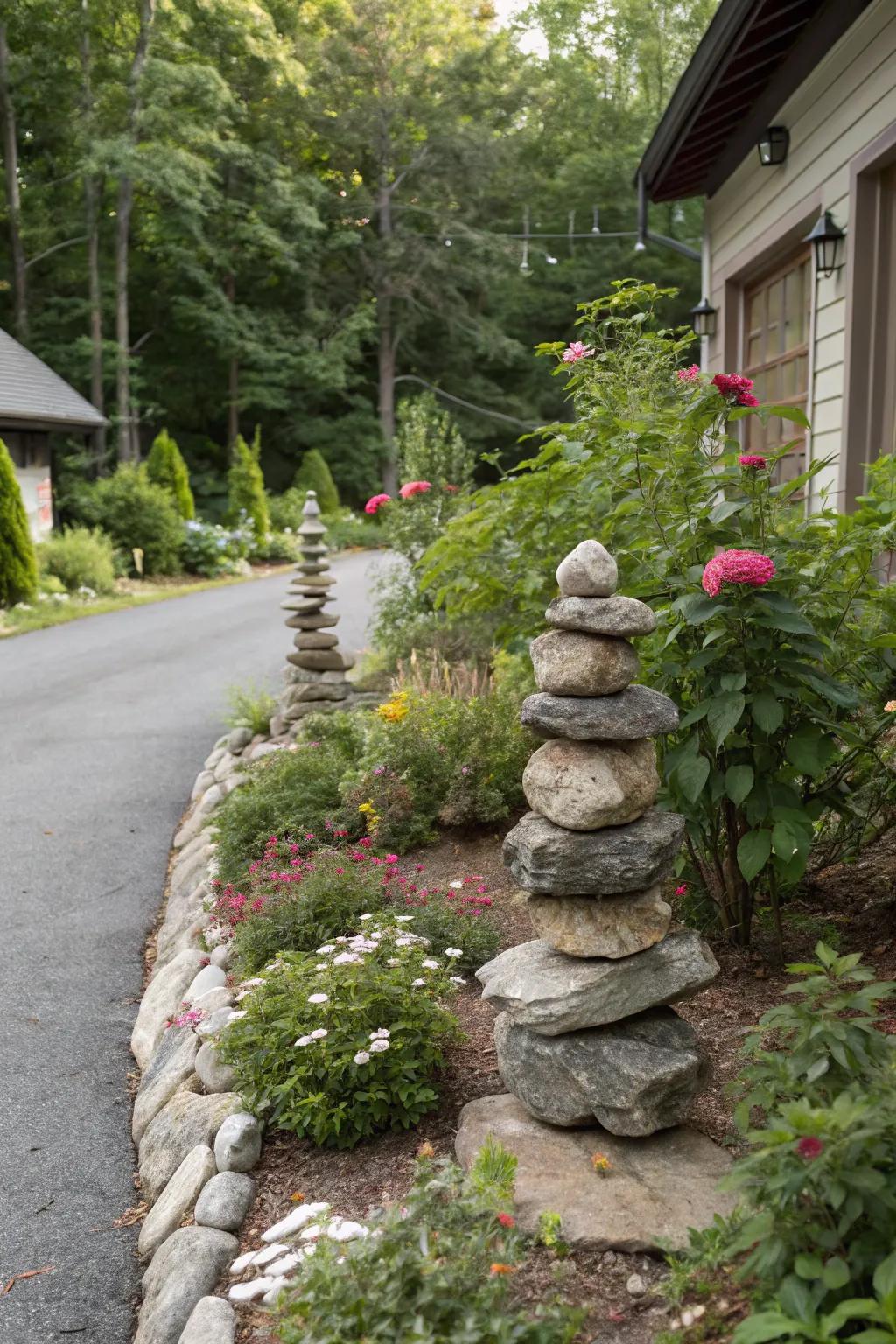 Stone cairns offer a natural and distinctive driveway marker.