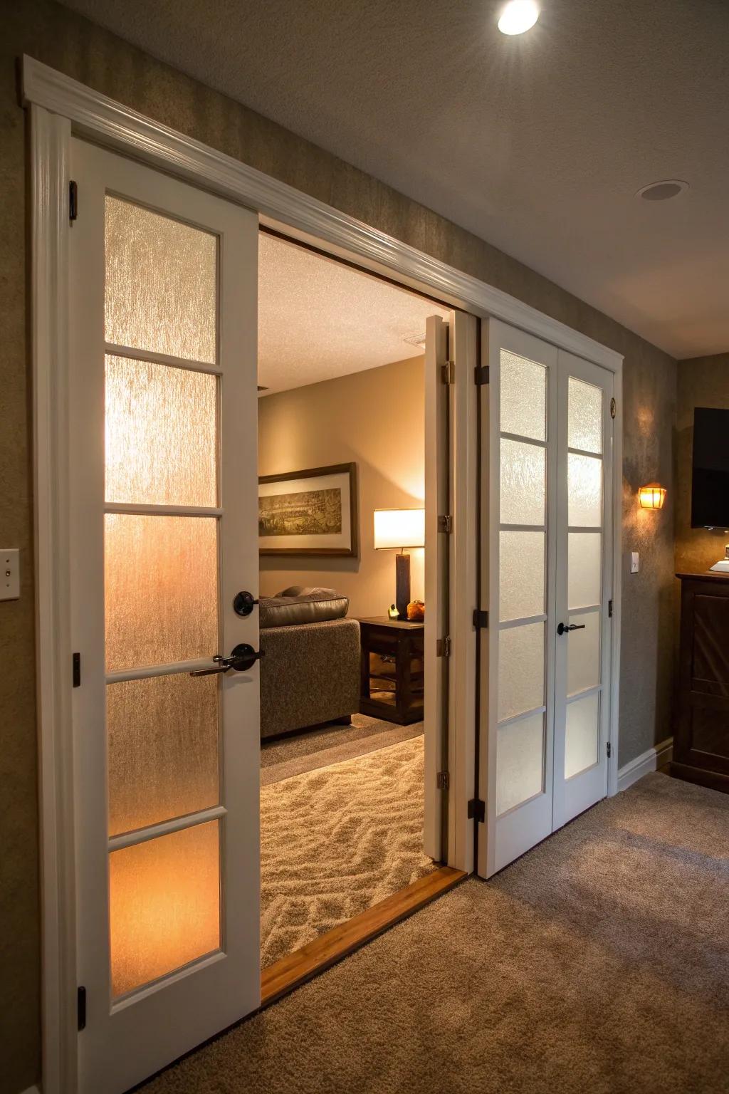 Blurred glass doors balance privacy and light.