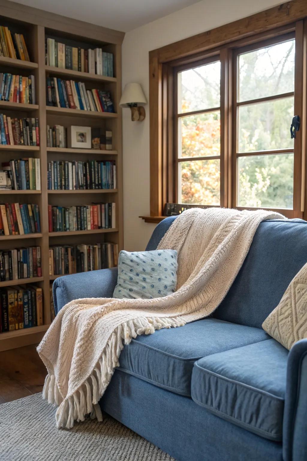 A horizon hue couch becomes the ideal location for a snug reading space.