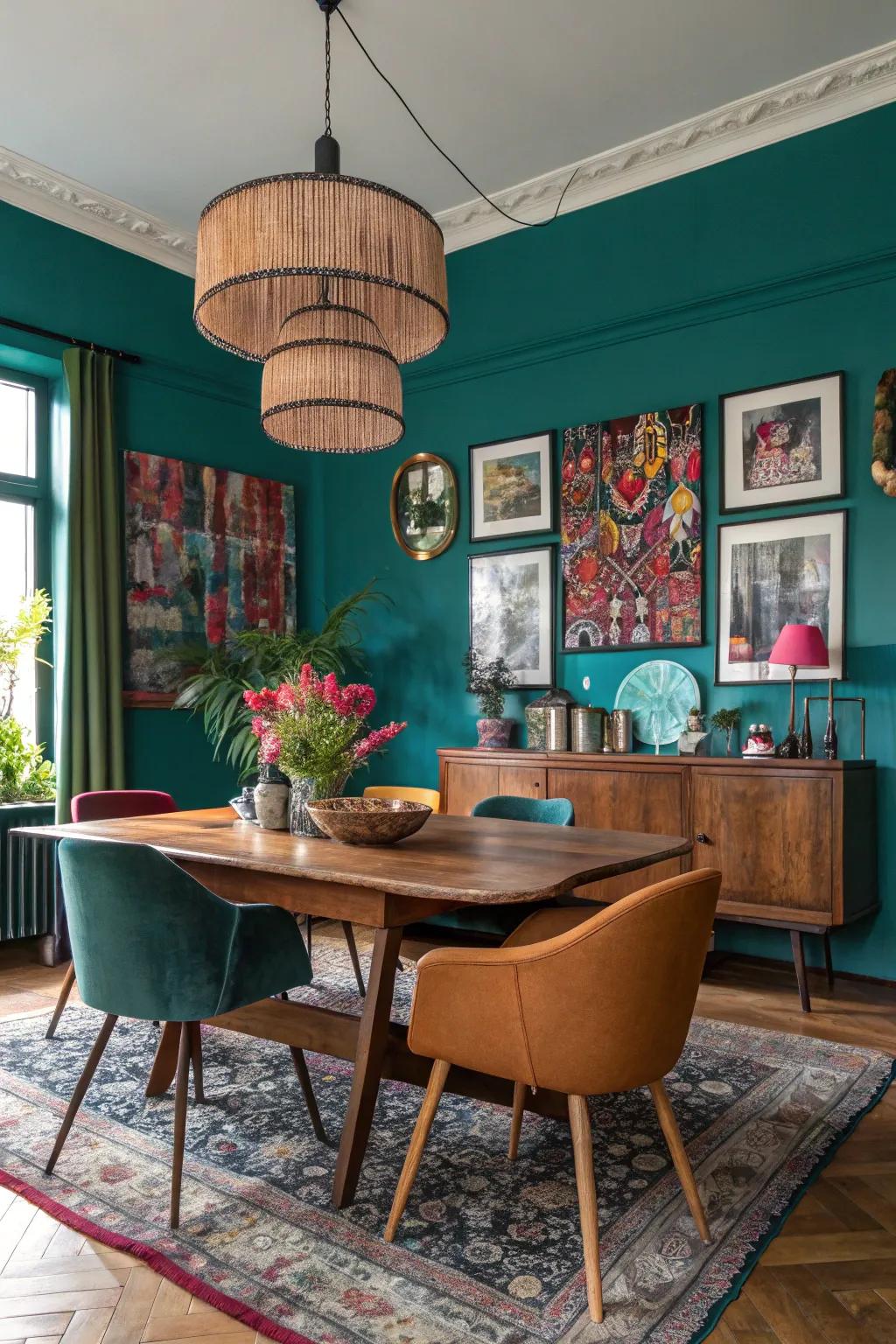 A vibrant dining space elevated by the striking hue of blue.