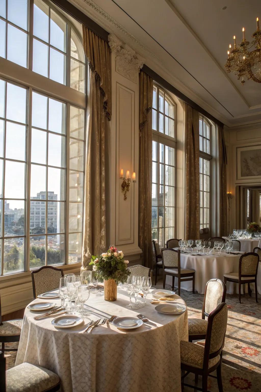 Large window panels bring in sunlight, enhancing the dining room's ambiance.