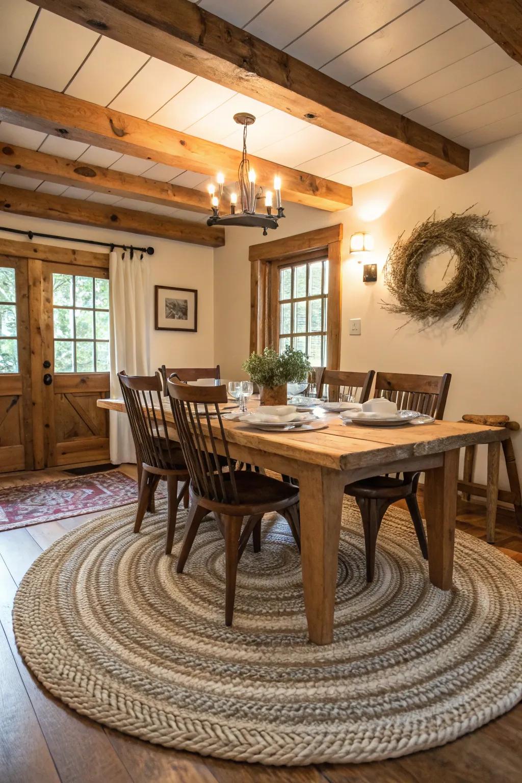 Twisted rugs adding countryside charm to the eating space.