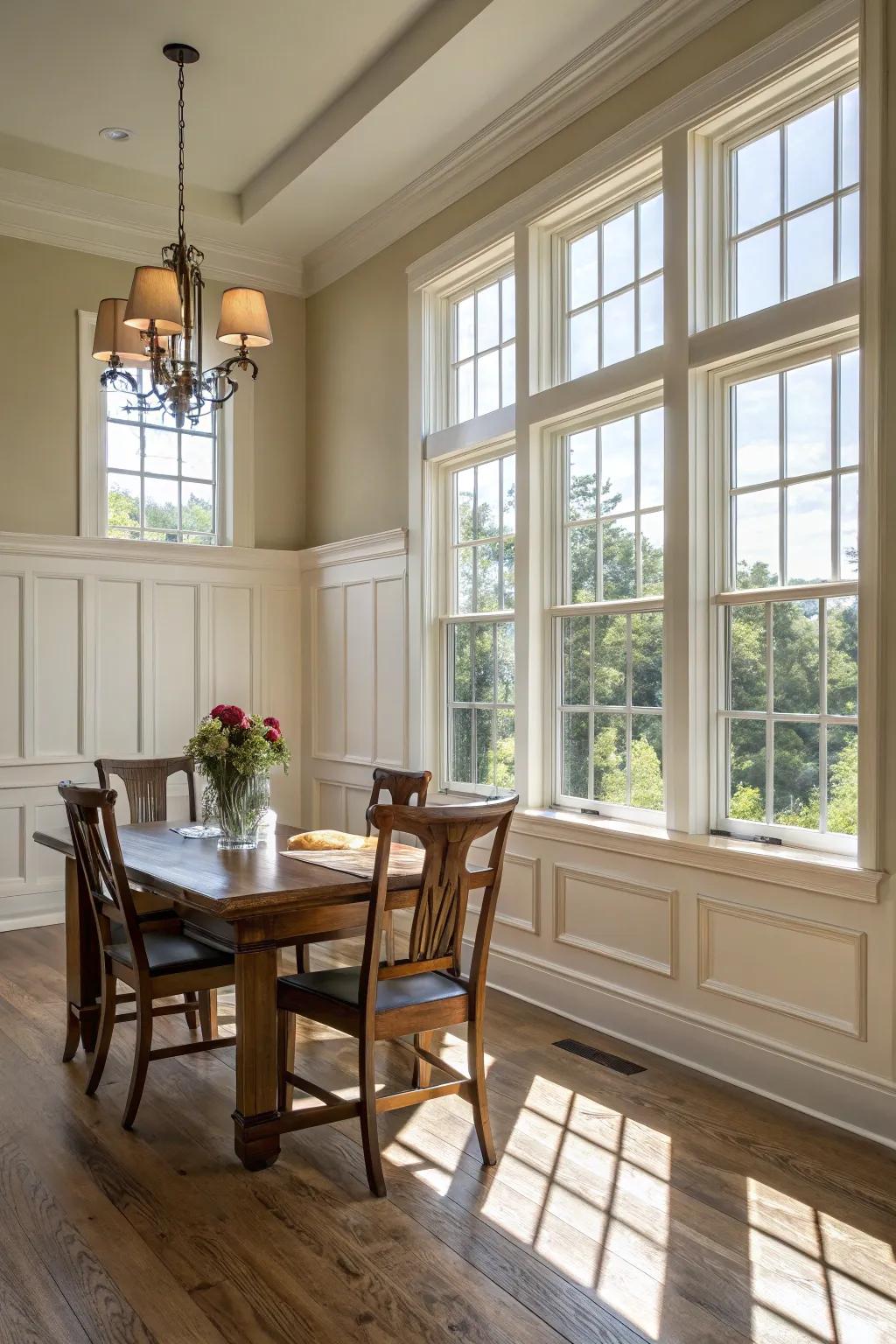 Wainscoting highlights the natural light and sights within this airy dining space.