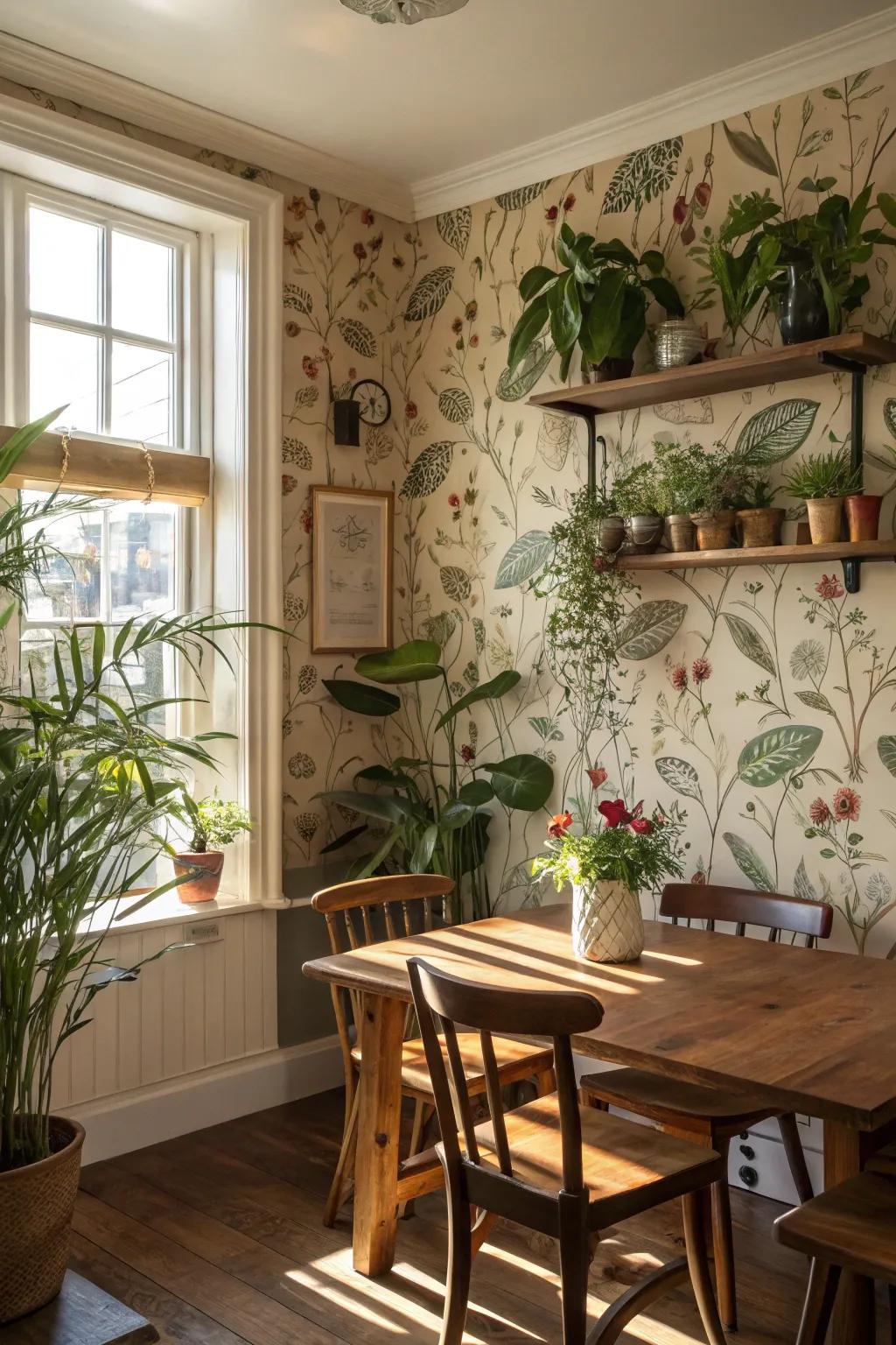 Botanical wall covering and interior plants produce a revitalizing all-natural ambiance.