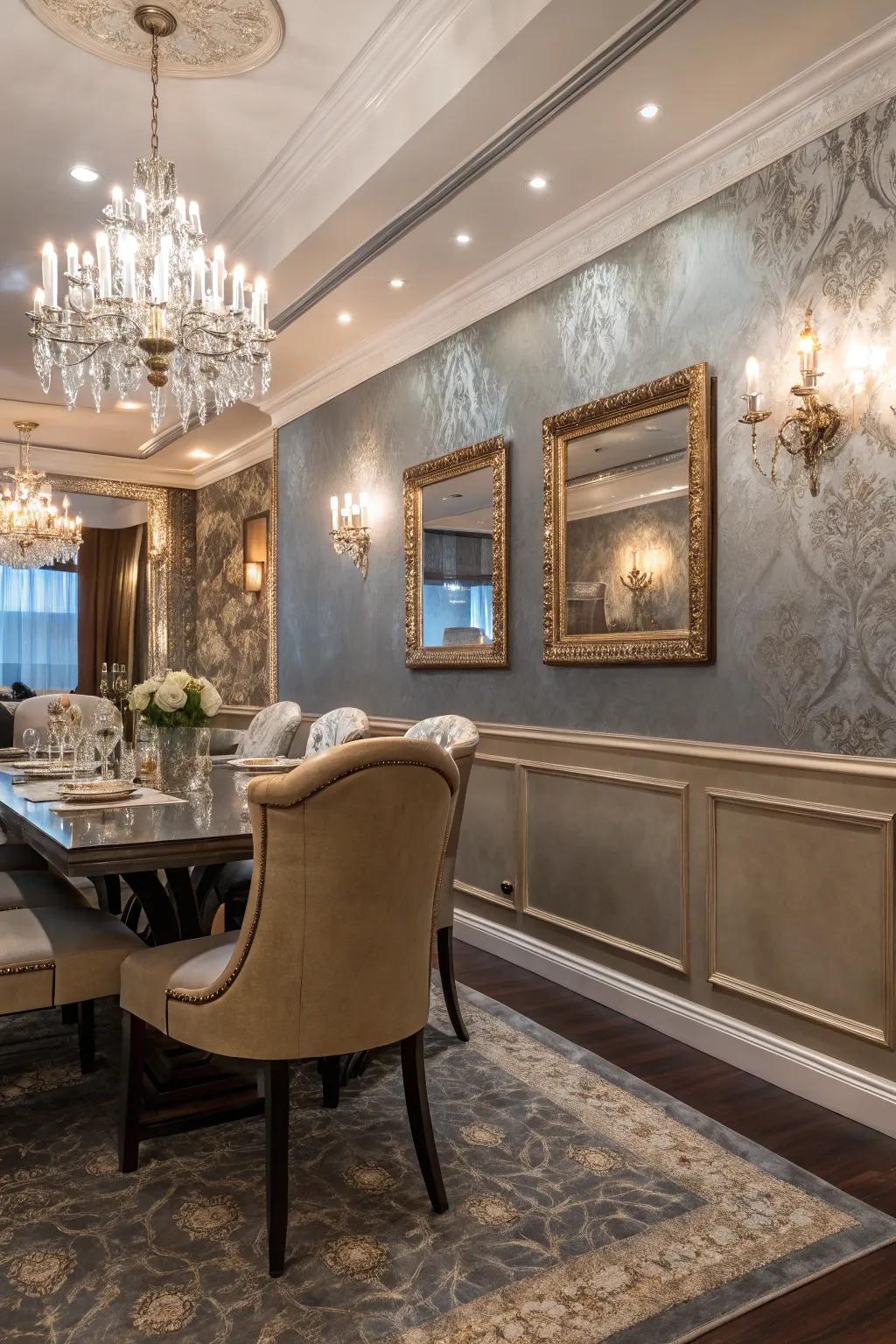 Gleaming coating beneath the chair rail introduces a luxurious shimmer.