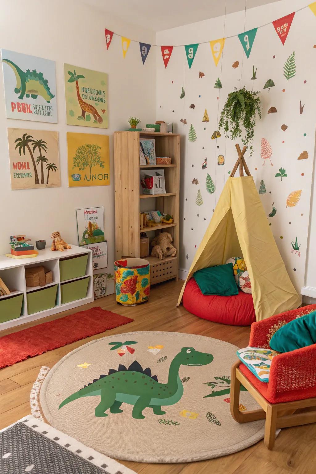 An innovative furniture layout that sparks imaginative playtime in a dinosaur-themed room.