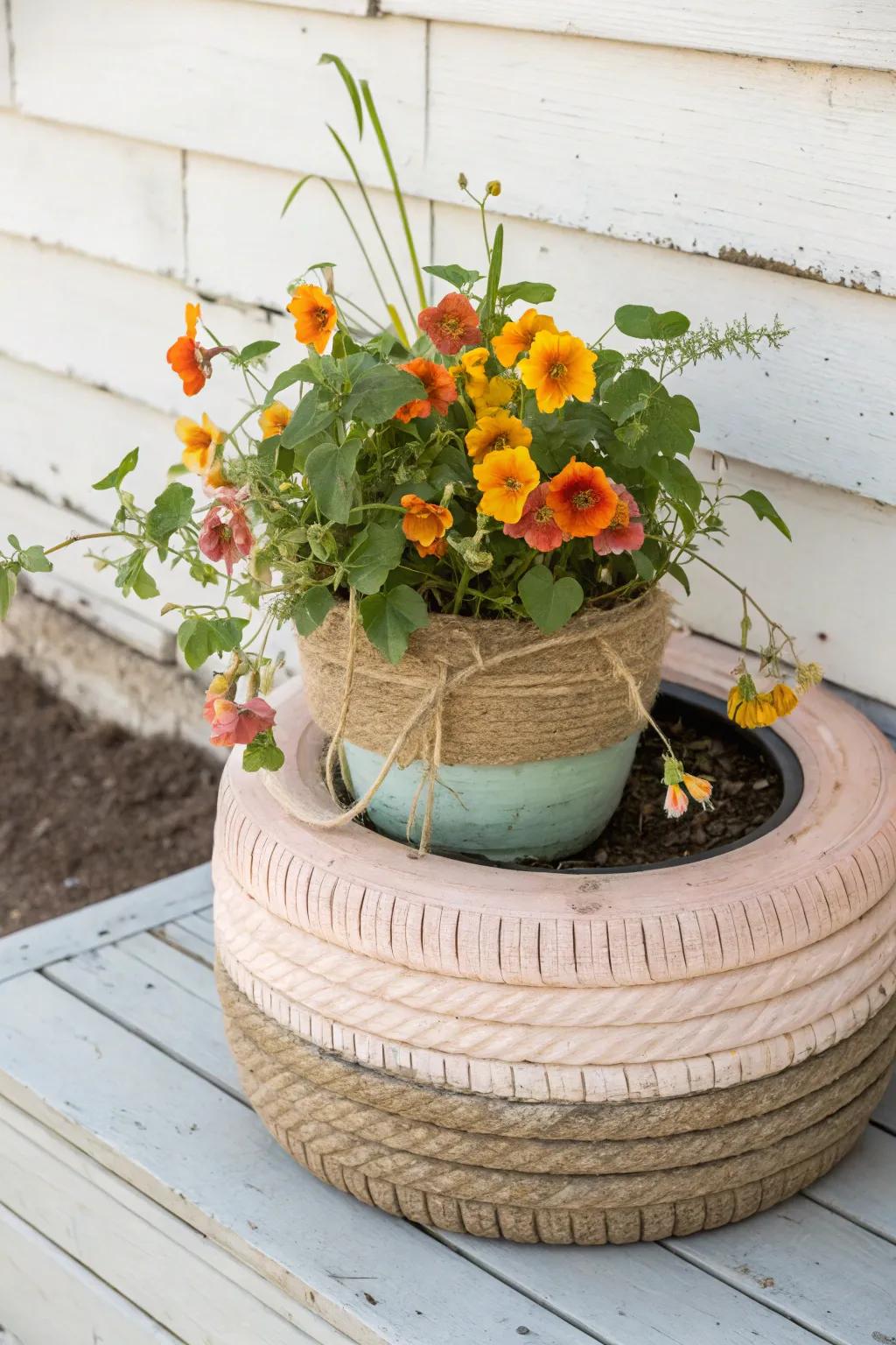 Elevate your garden through a trace of countryside grace: DIY Rubber Ring Planters overflowing with hue and artistry.