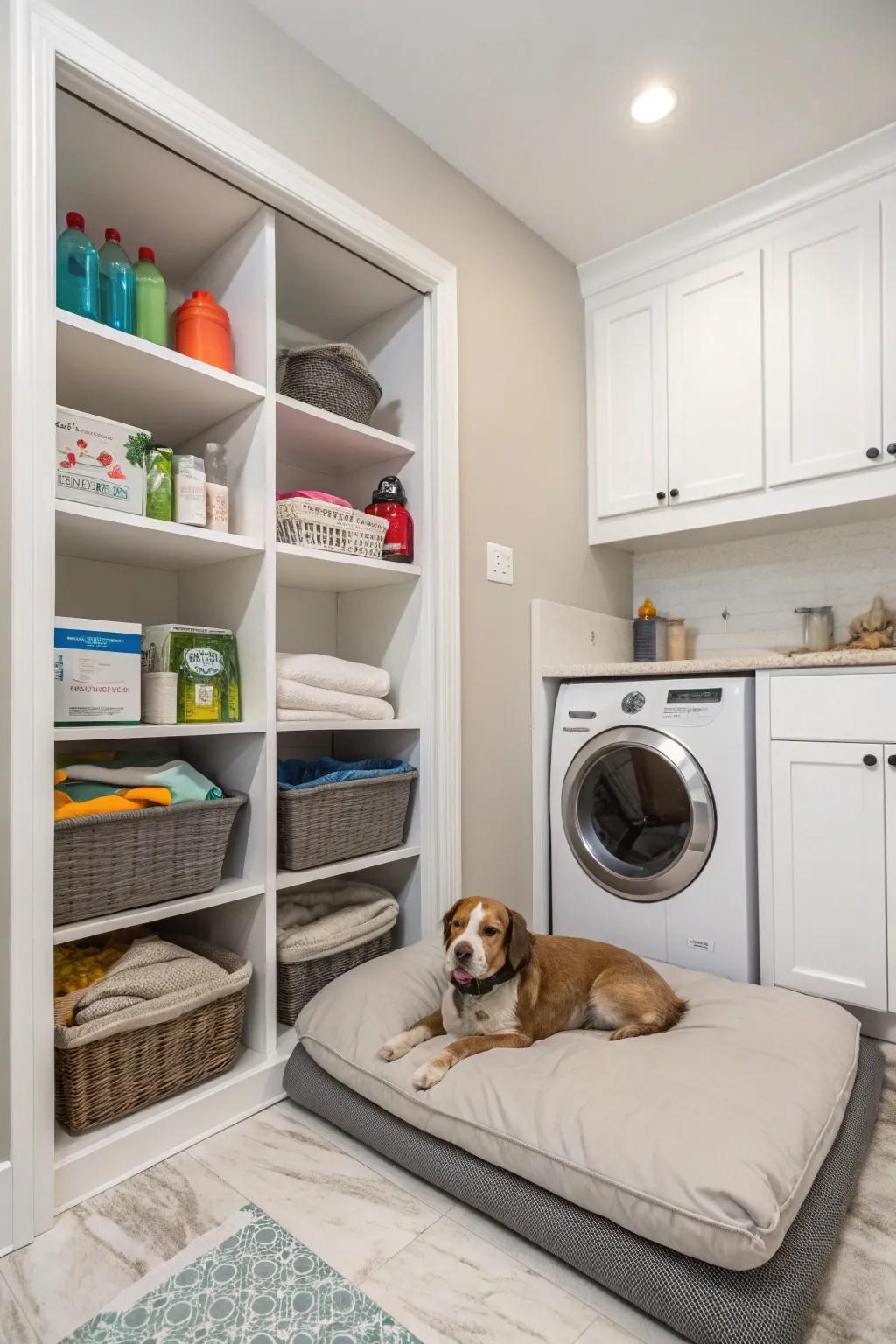 A practical dog nook in a laundry room with organized racks and a comfortable bed.