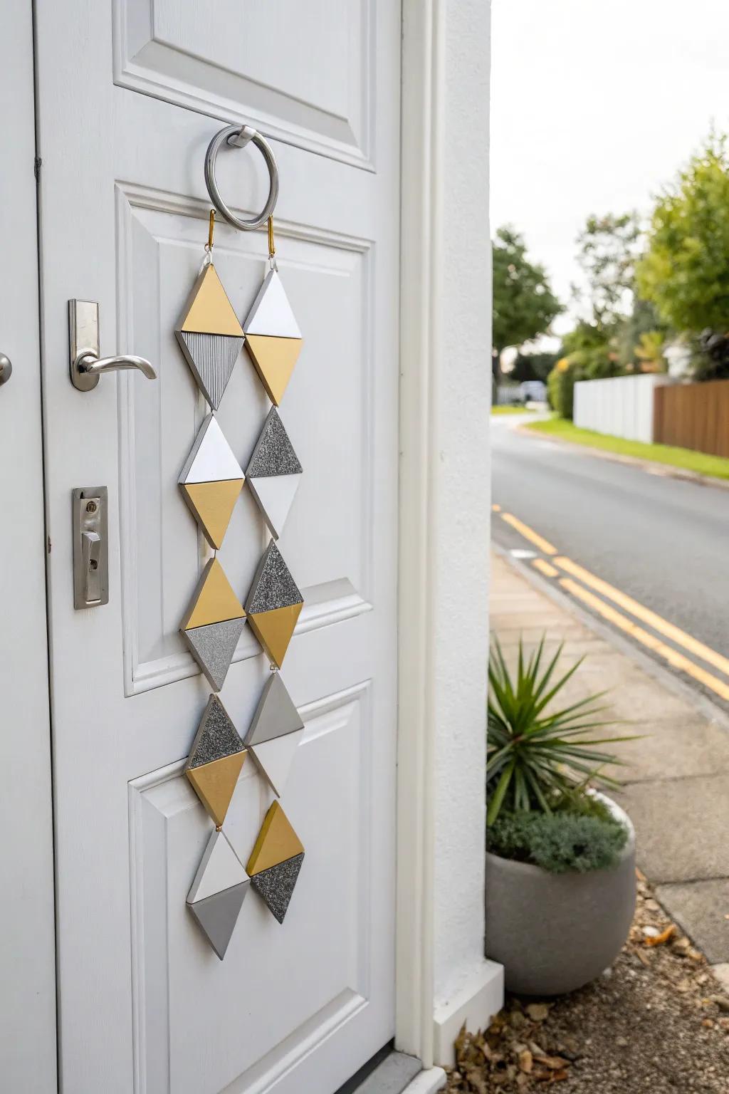 Achieve a contemporary aesthetic with a geometric door adornment.