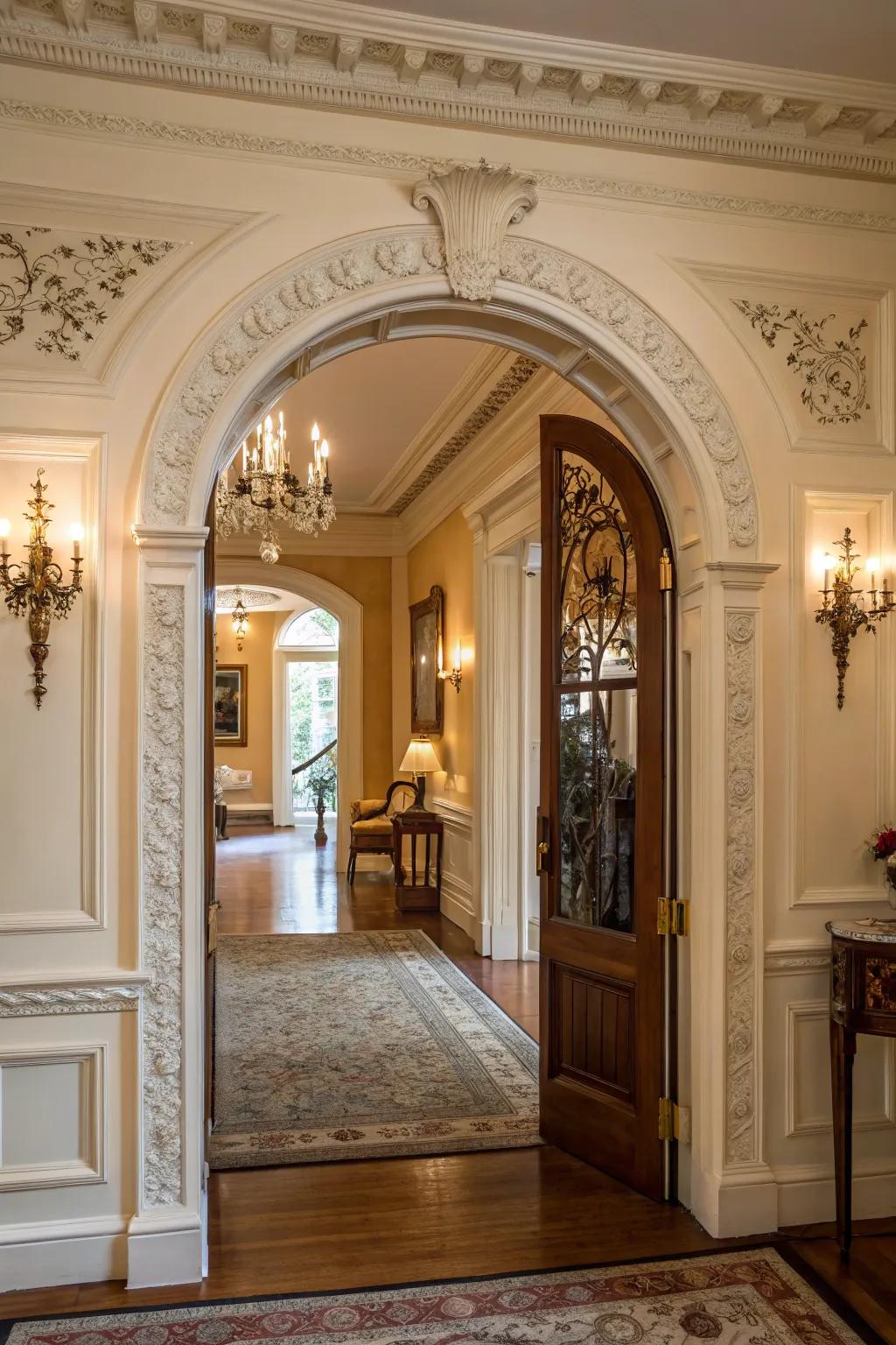 This spectacular entrance is created by an arched doorway with sophisticated trim.