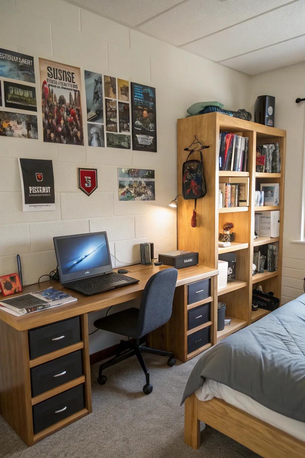 A dorm room's tech-friendly setup that has an organized area for gadgets.