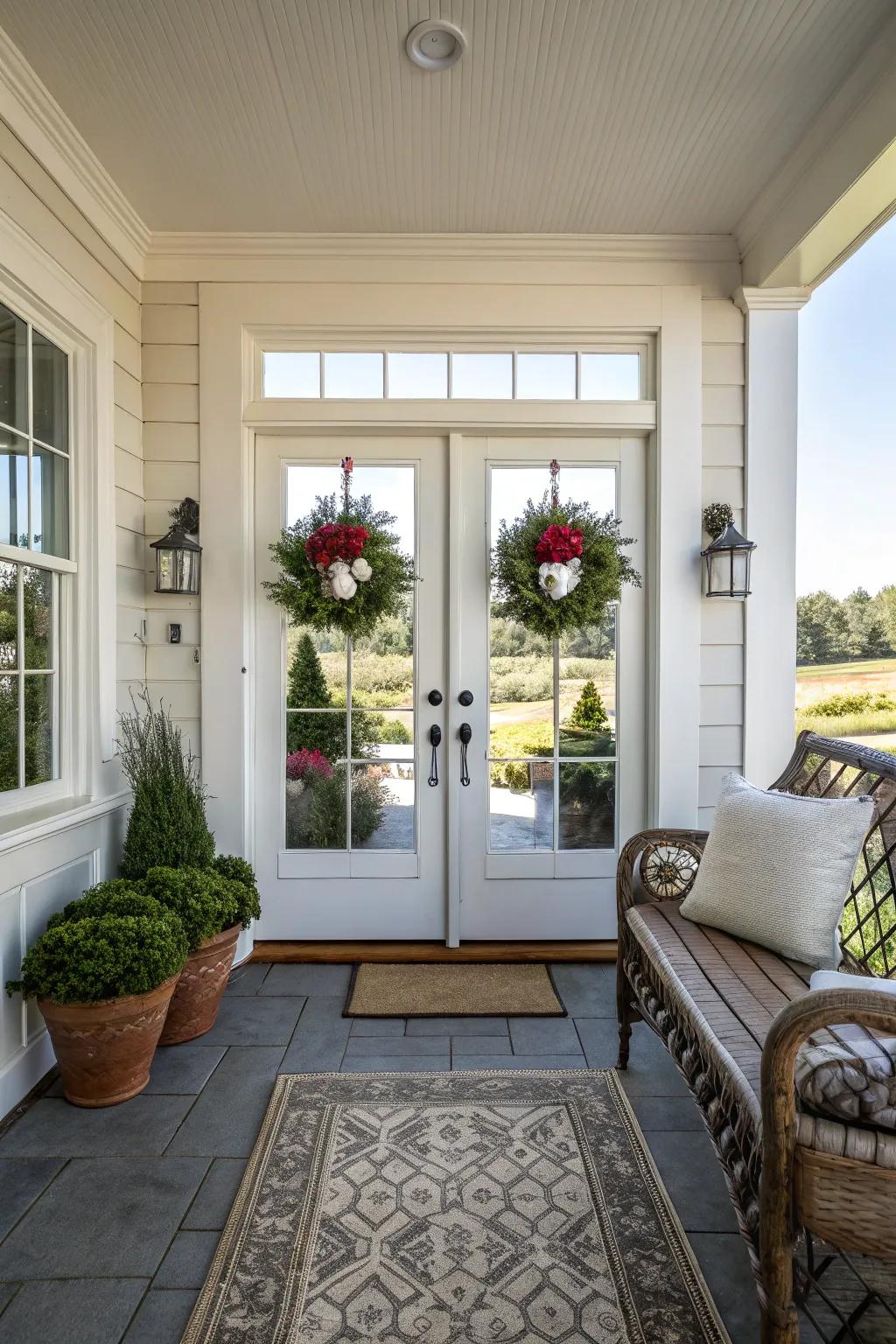 Seasonal garlands that bring festive joy to a welcoming entry.